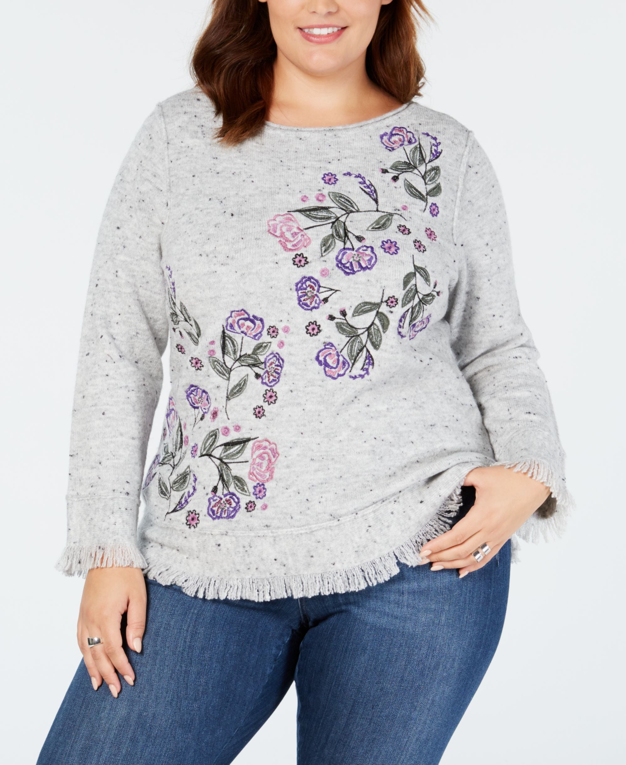Style & Co Plus Size Embroidered Fringed Sweater