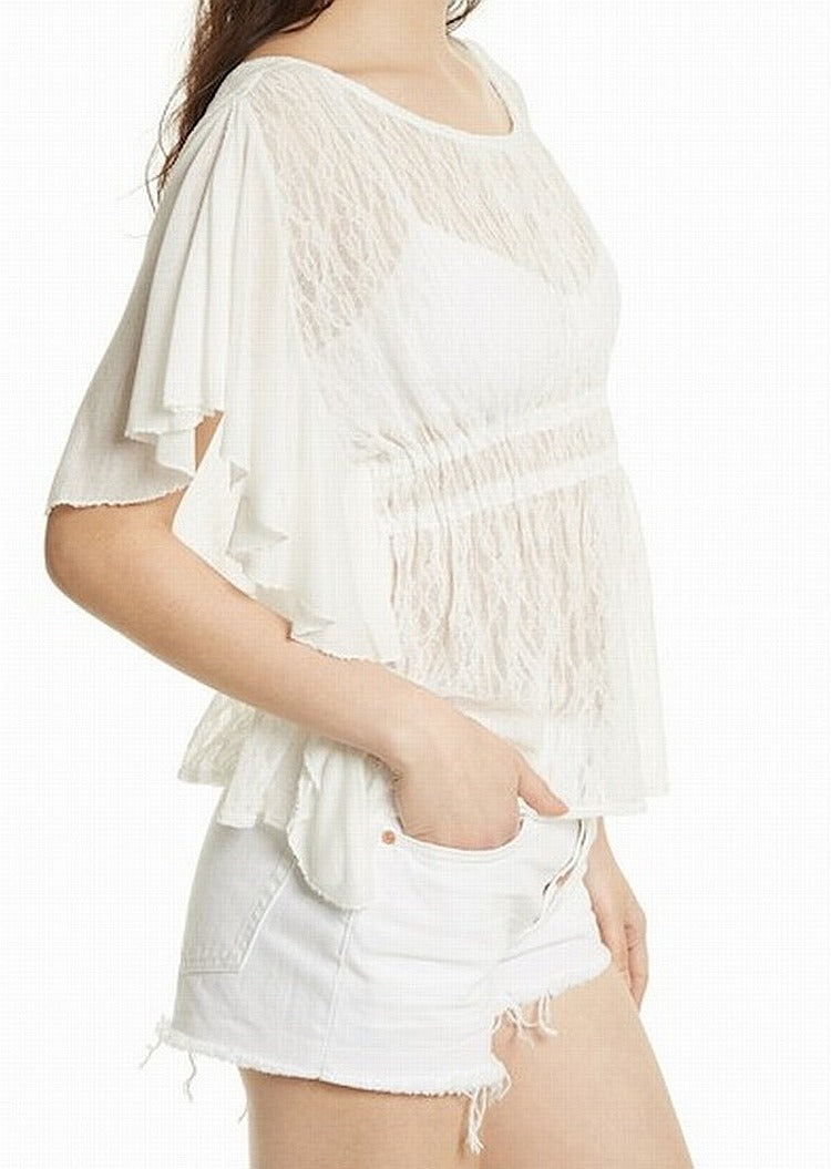 Free People Women's Sheer Knit Blouse Top Ivory  S