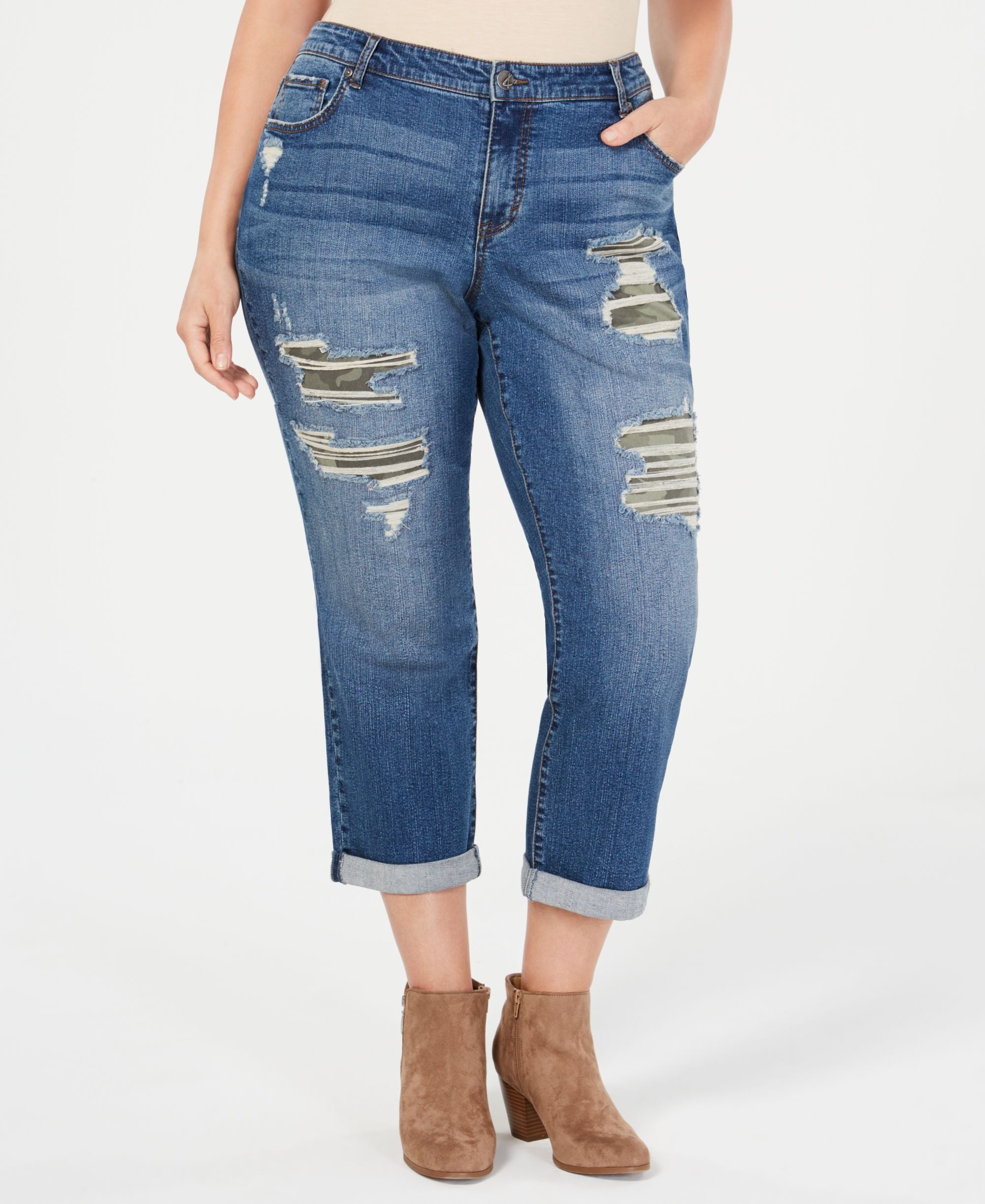 Plus Size Camo Destructed Boyfriend-Fit Jeans