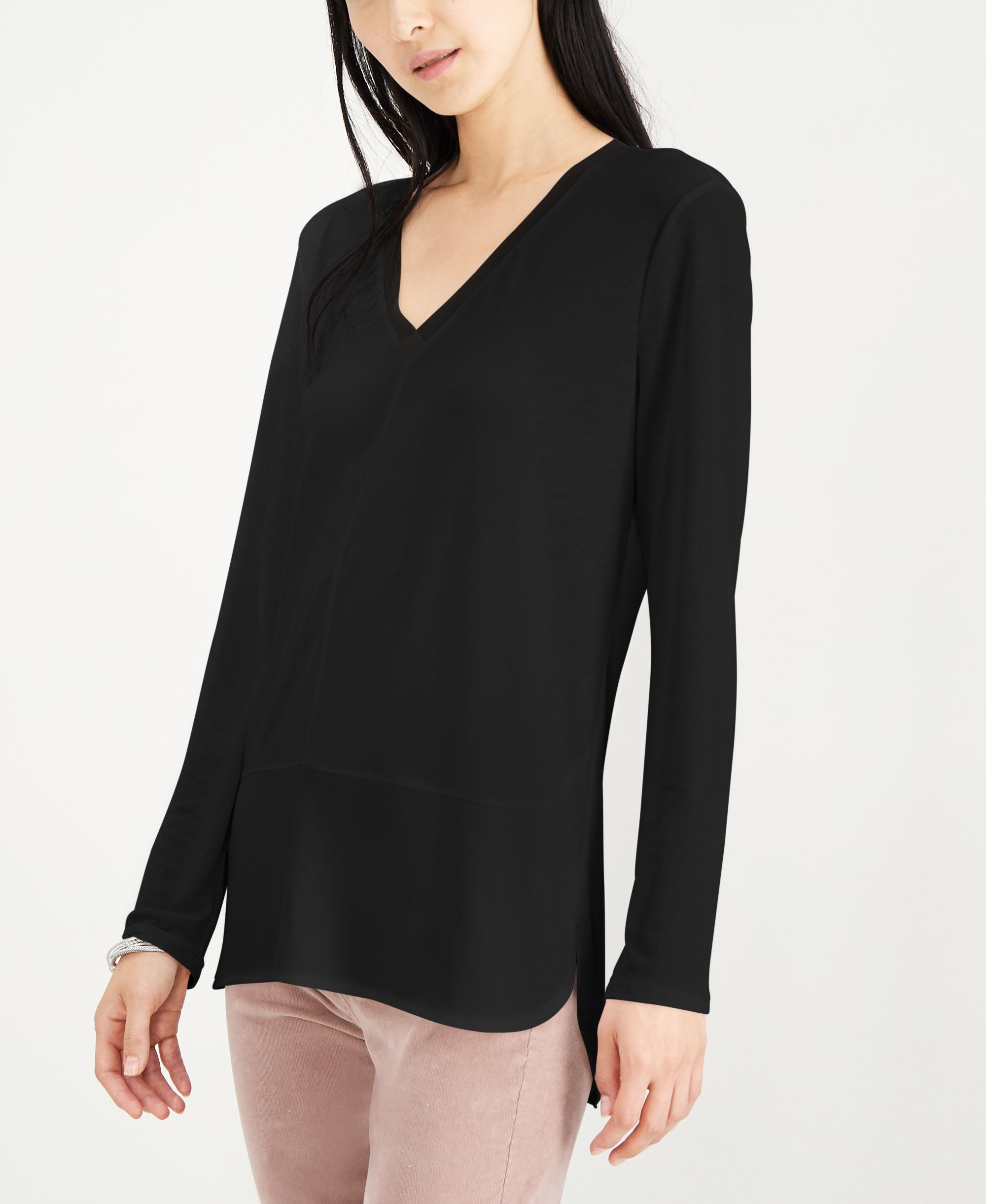 Bar III Long Sleeve V Neck Mixed Media Mesh Top
