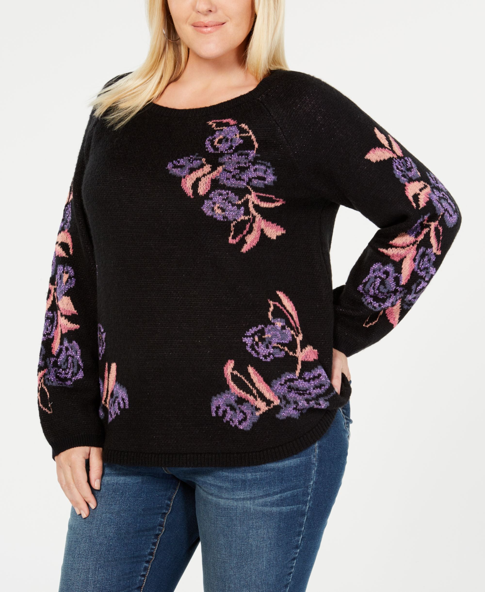 Style & Co Plus Size Jacquard Floral Metallic Sweater