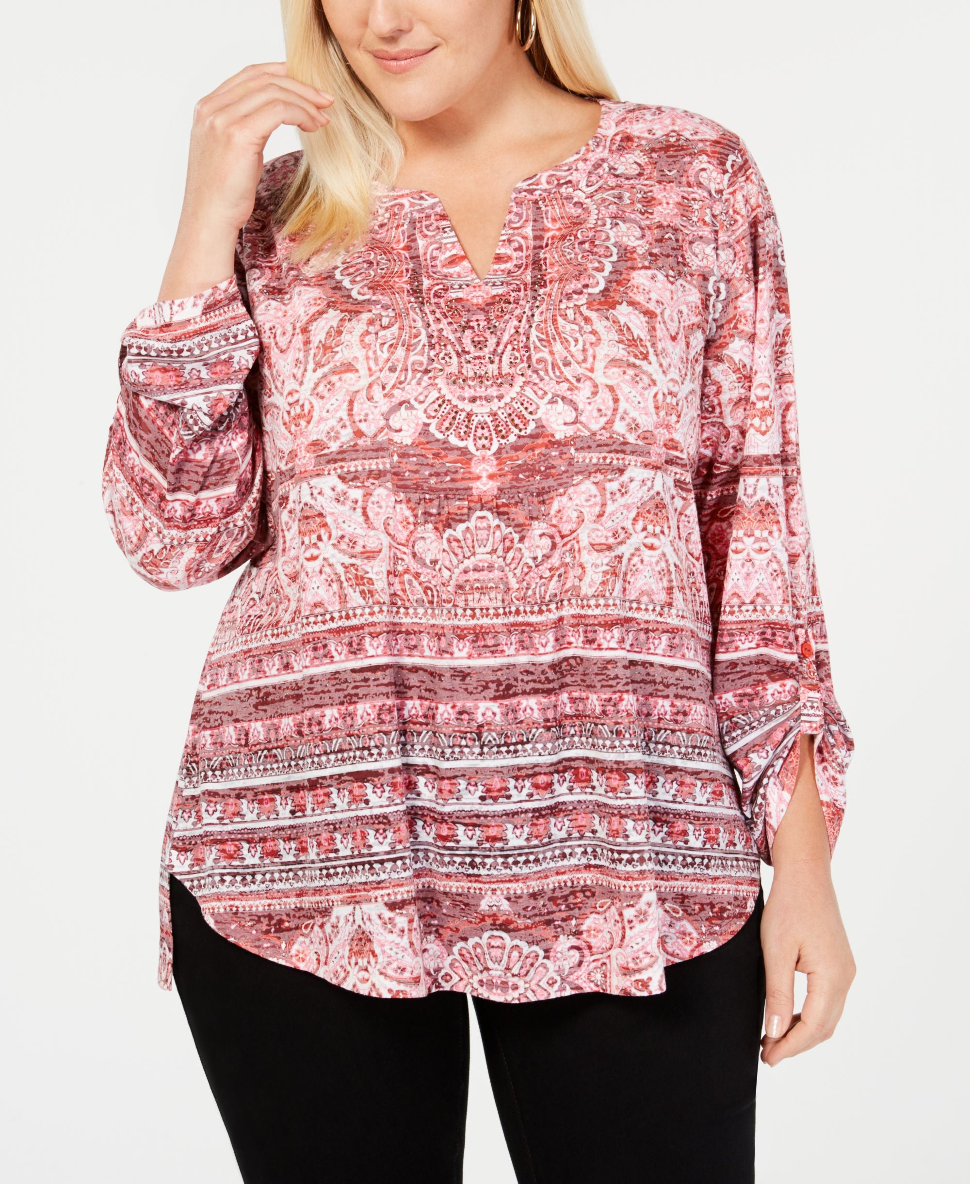 Style & Co Plus Size Mixed Print Burnout Peasant Top