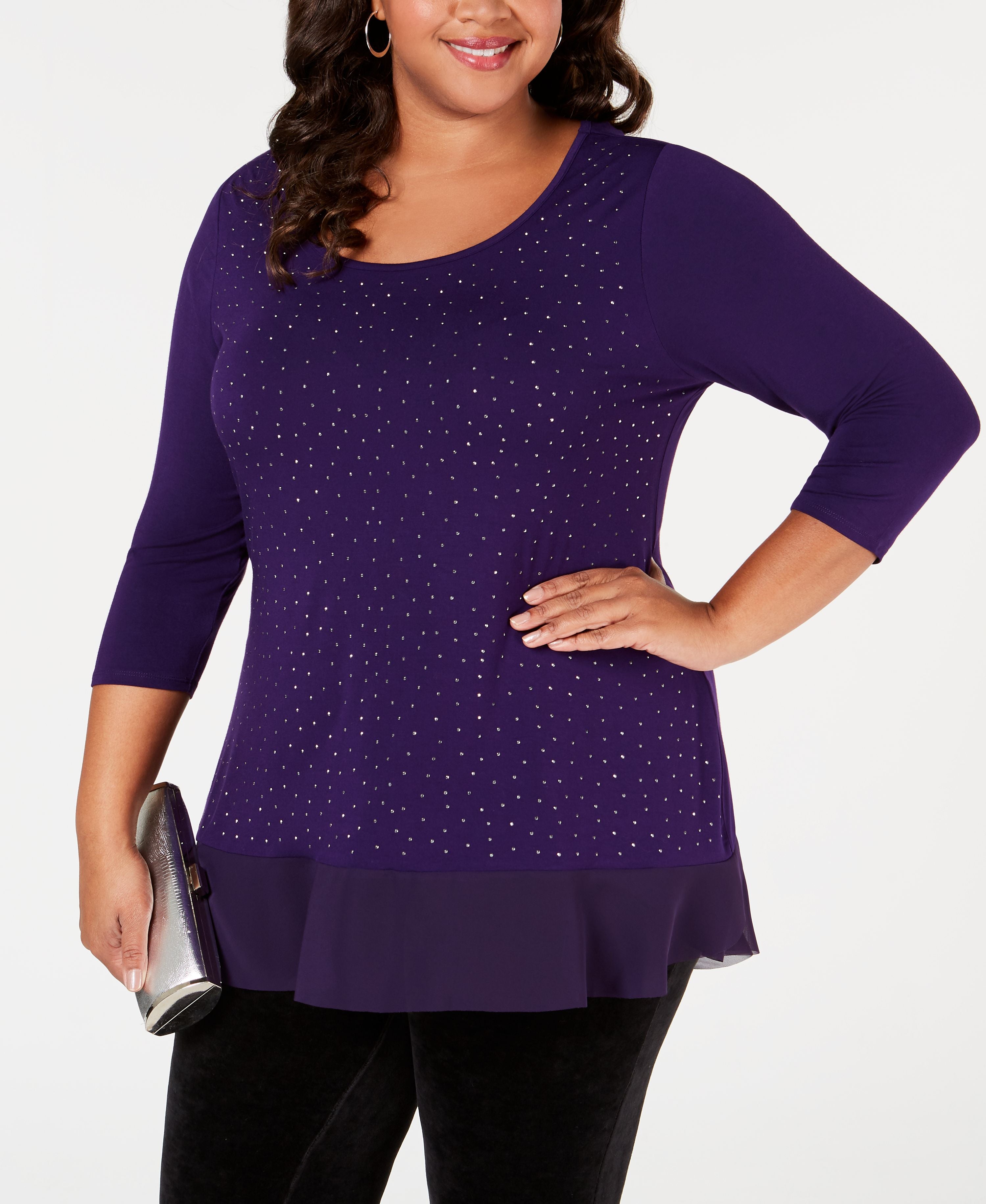 Belle by Belldini Plus Size Studded Chiffon-Hem Top Aubergine/Pewter 2X
