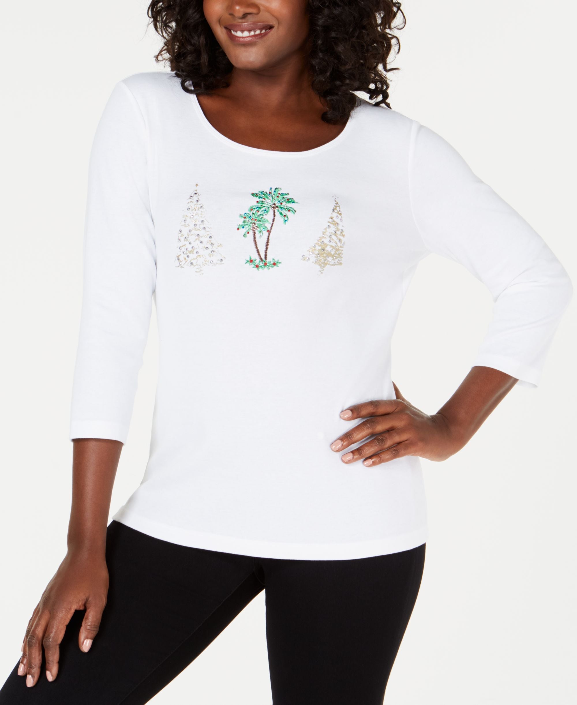Karen Scott Petite Studded Holiday Graphic Top