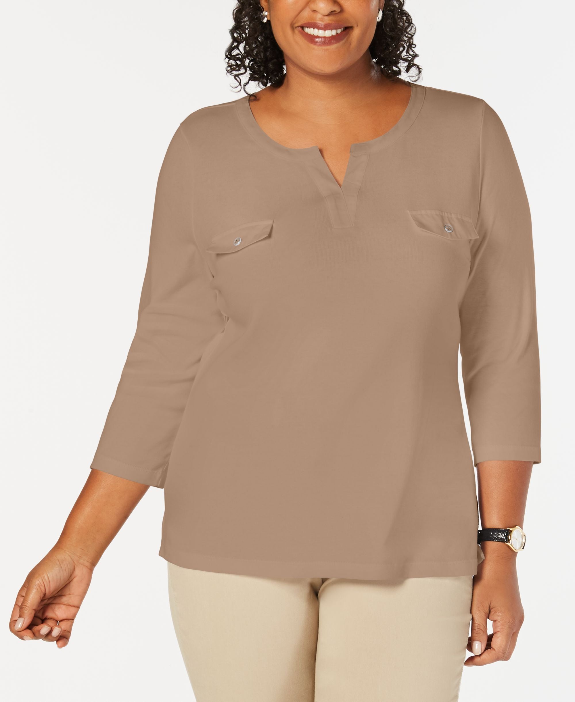Karen Scott Plus Size Cotton Split Neck Top