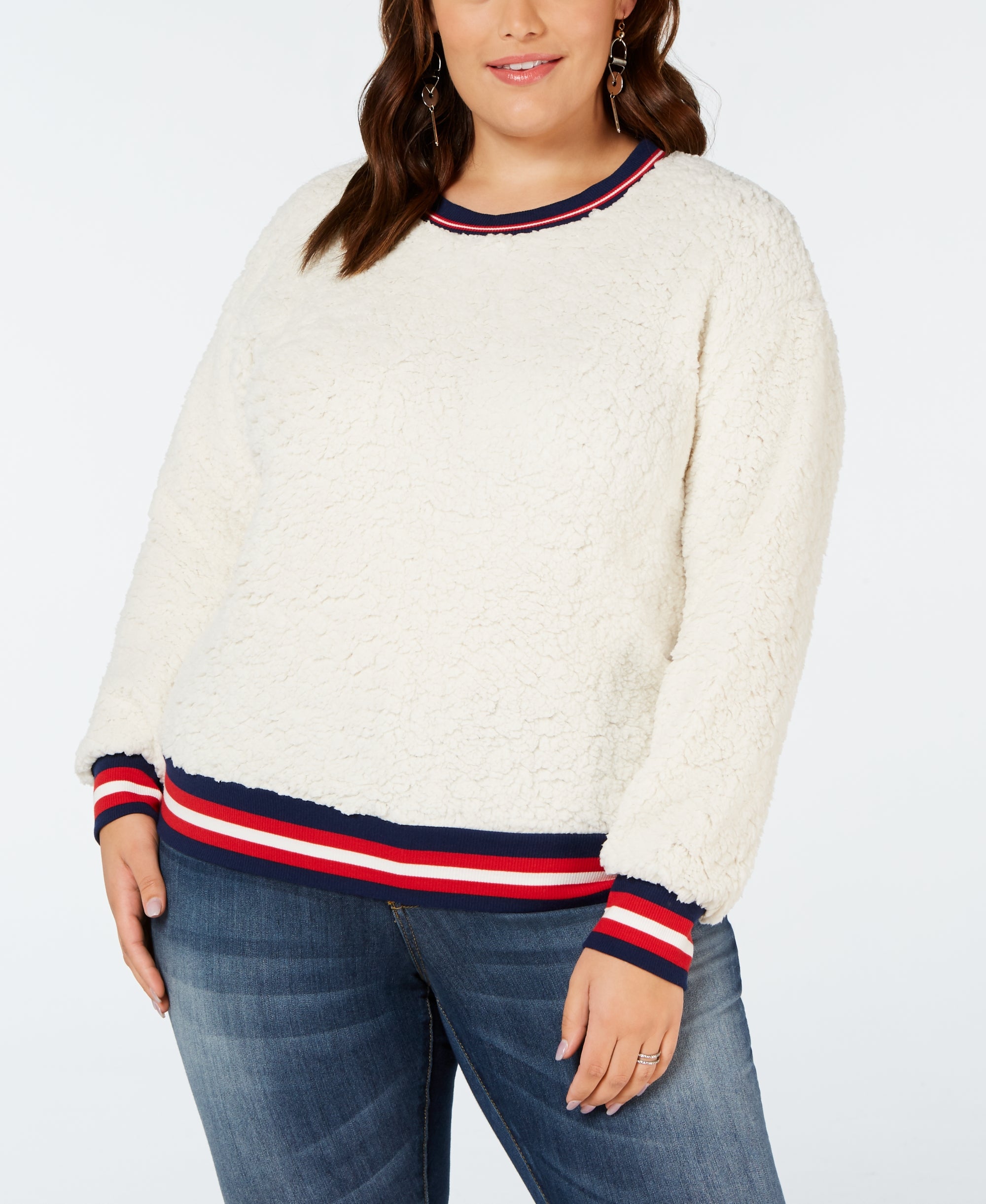 Plus Size Varsity-Stripe Fleece Top