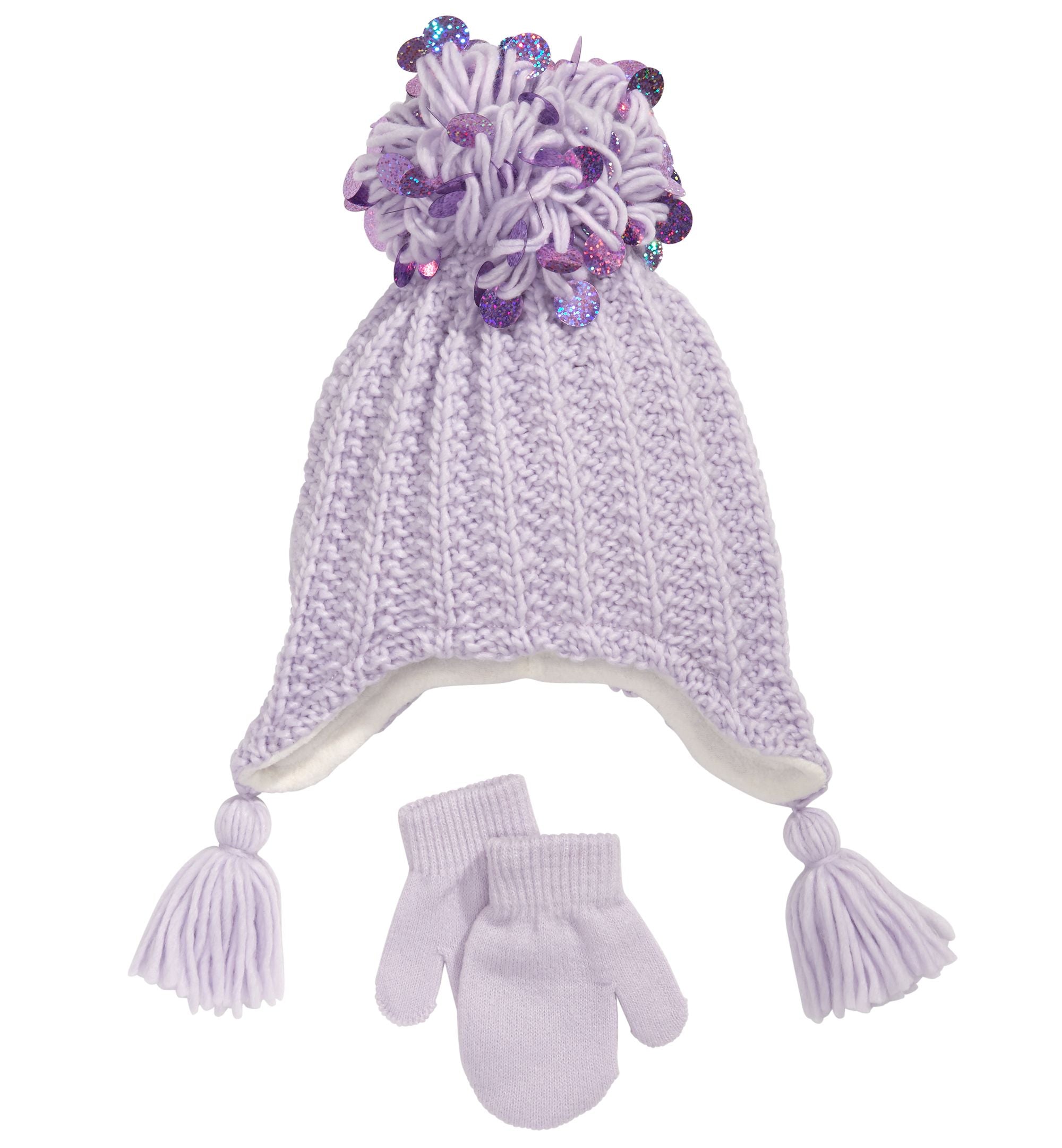 Fab Toddler Girls 2 Pc. Sequinned Tassels Hat Mittens Set