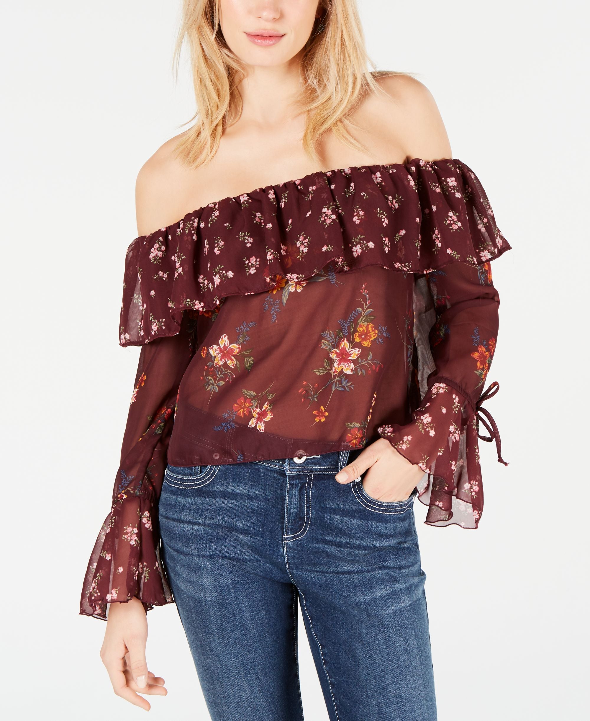Project 28 Nyc Juniors Printed Off The Shoulder Ruffle Blouse