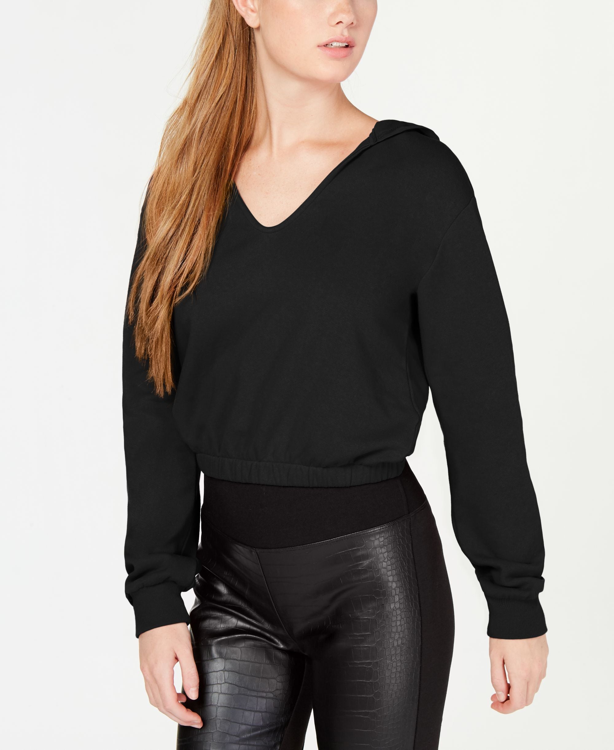 Juniors' V-Neck Balloon-Sleeve Hoodie