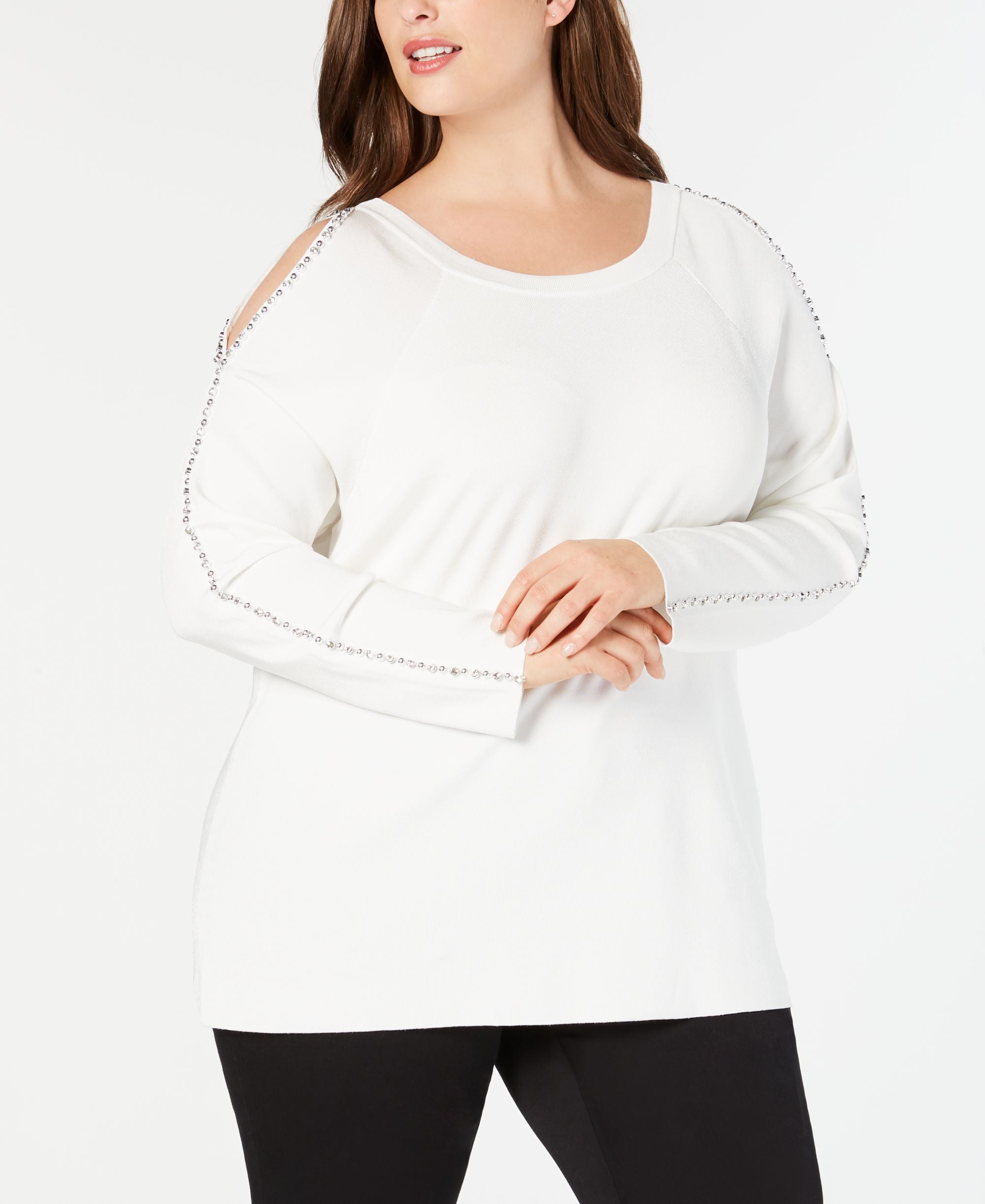 I.N.C. Plus Size Rhinestone-Trim Cold-Shoulder Sweater
