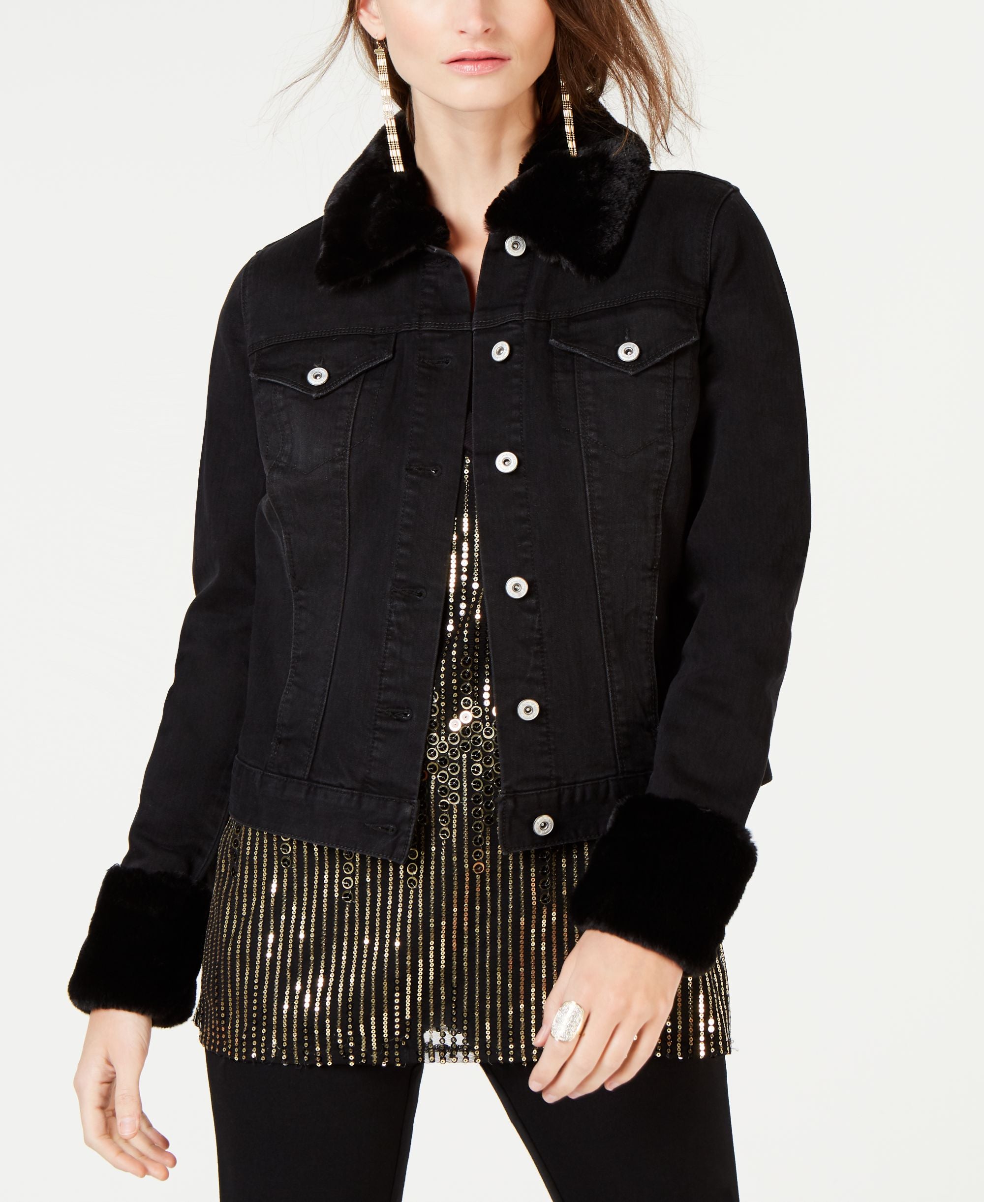 INC Leopard-Print Faux-Fur Trim Denim Jacket
