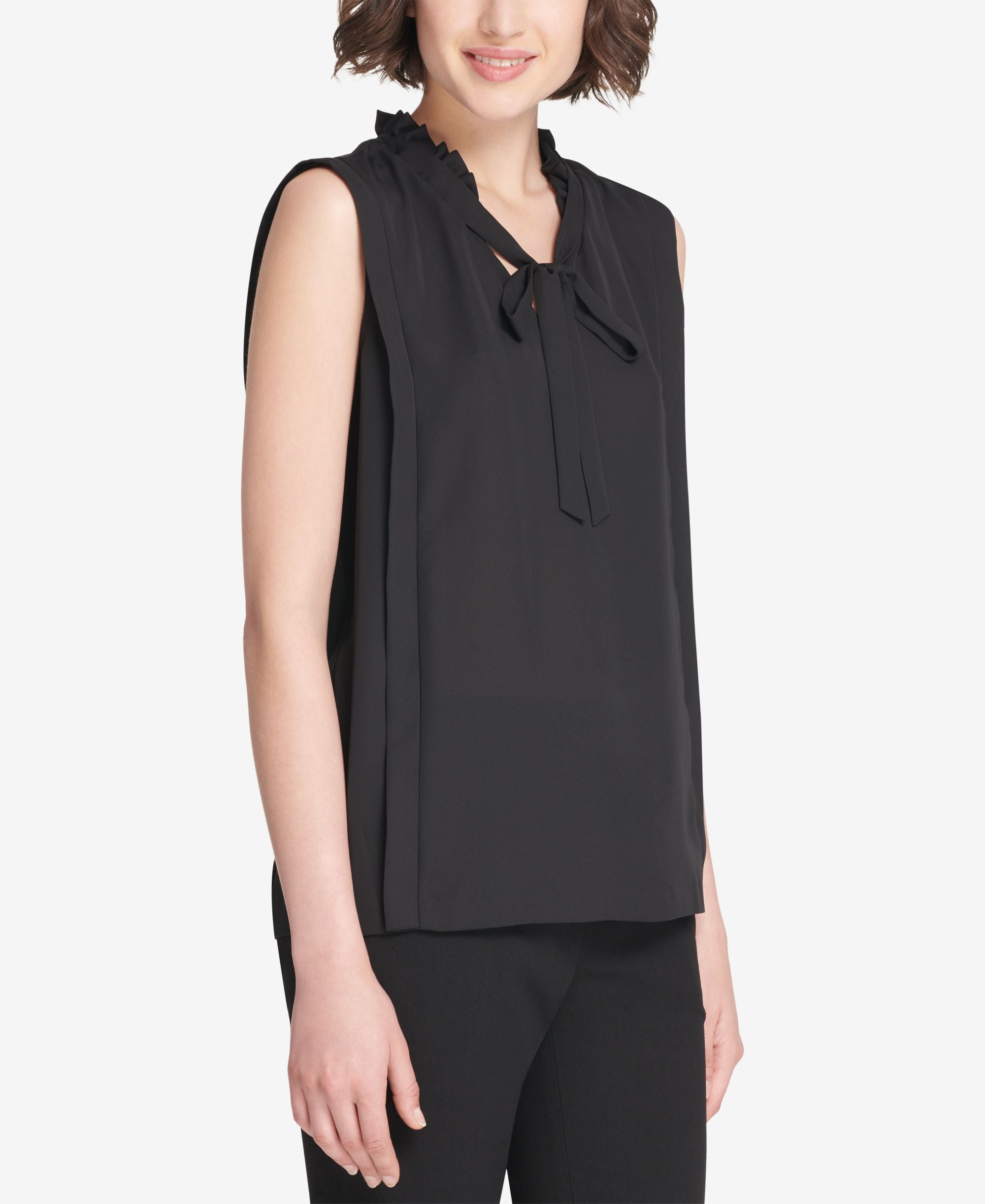 DKNY Ruffled Tie Neck Sleeveless Blouse