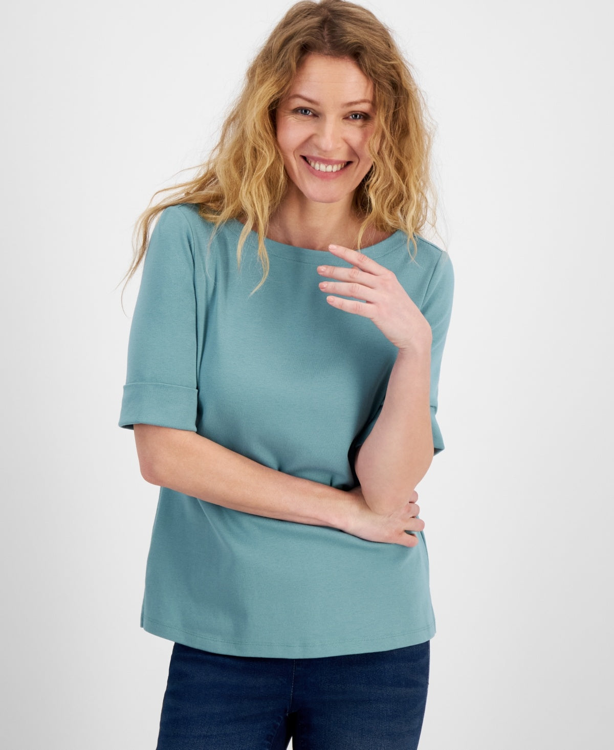 Women's Boat-Neck Elbow Sleeve Cotton Top Desert Teal 1X