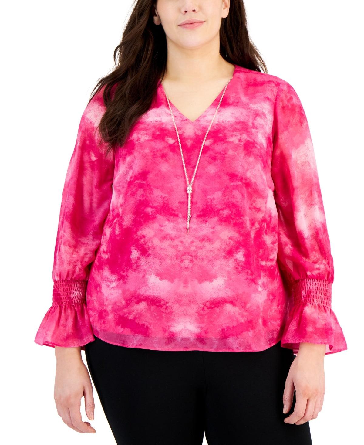 Plus Size New Year Dye Smocked-Sleeve Necklace Top