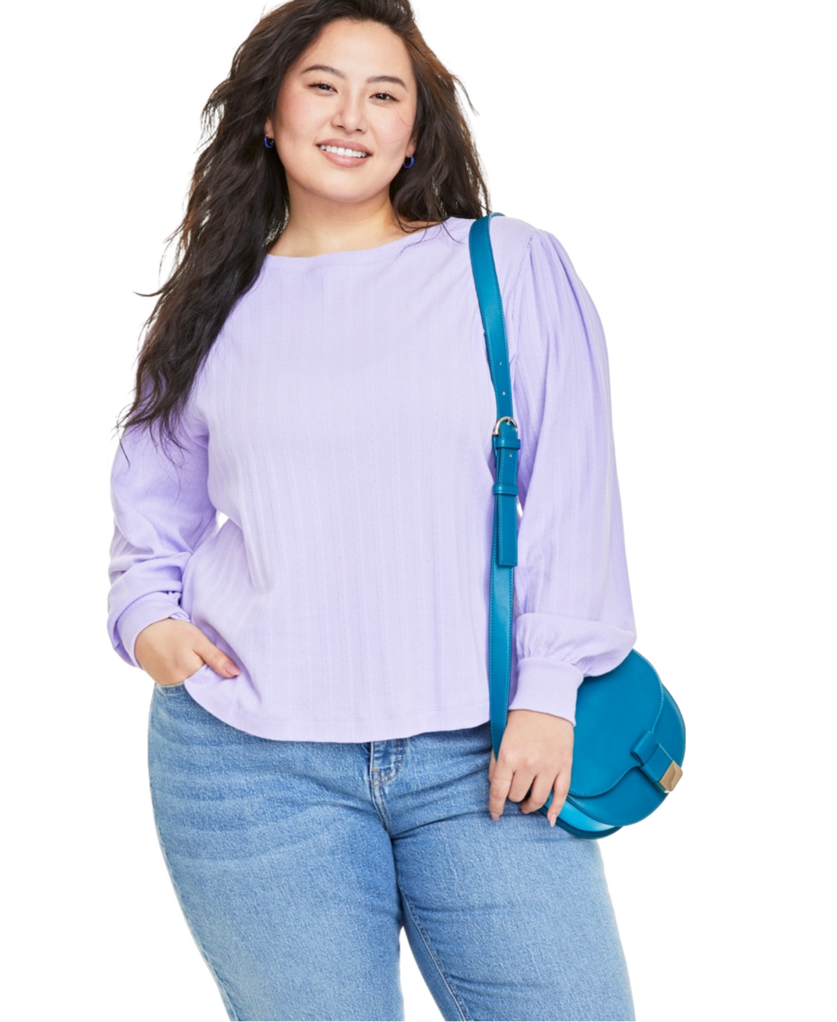 Plus Size Pointelle-Rib Long-Sleeve Top