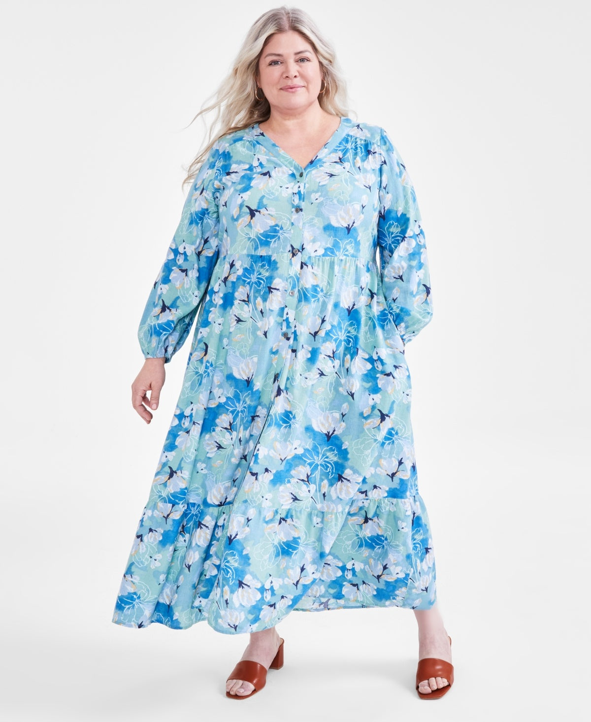 Plus Size Floral-Print Tiered Linen-Blend 3/4-Sleeve Dress
