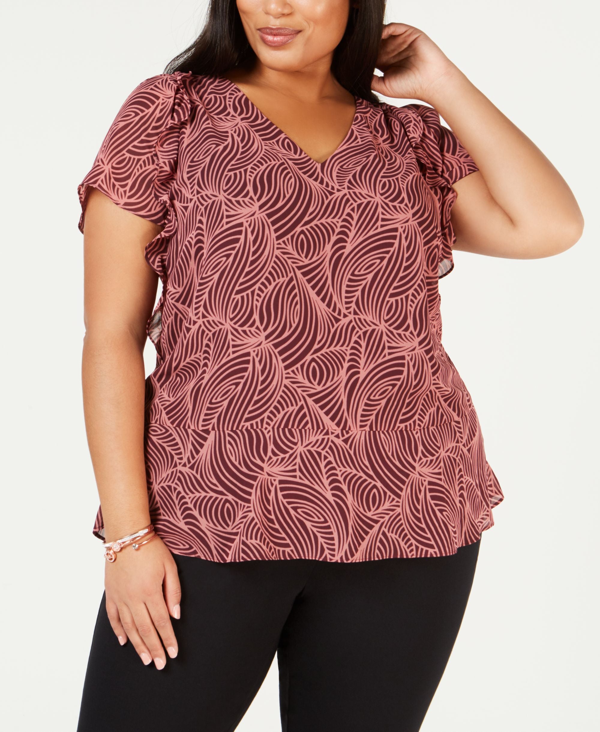 Michael Kors Womens Plus Swirl Ruffle Blouse Purple 1X