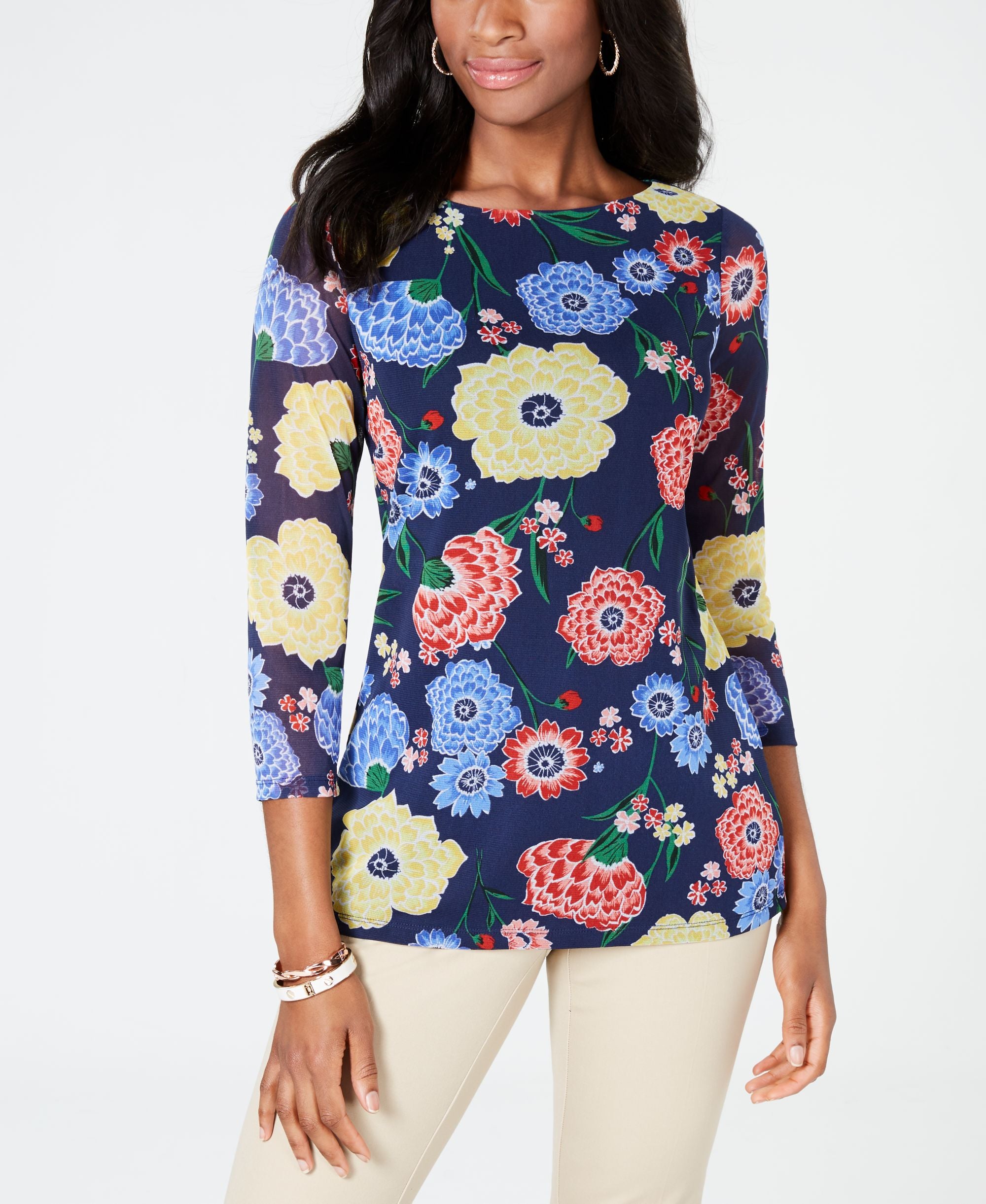 Charter Club Floral Print Mesh Top