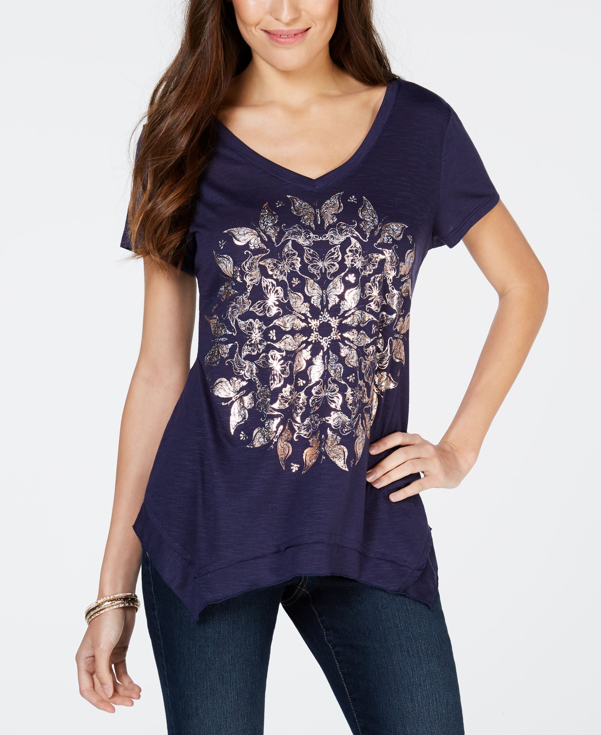 Style & Co Metallic Print Handkerchief Hem Top