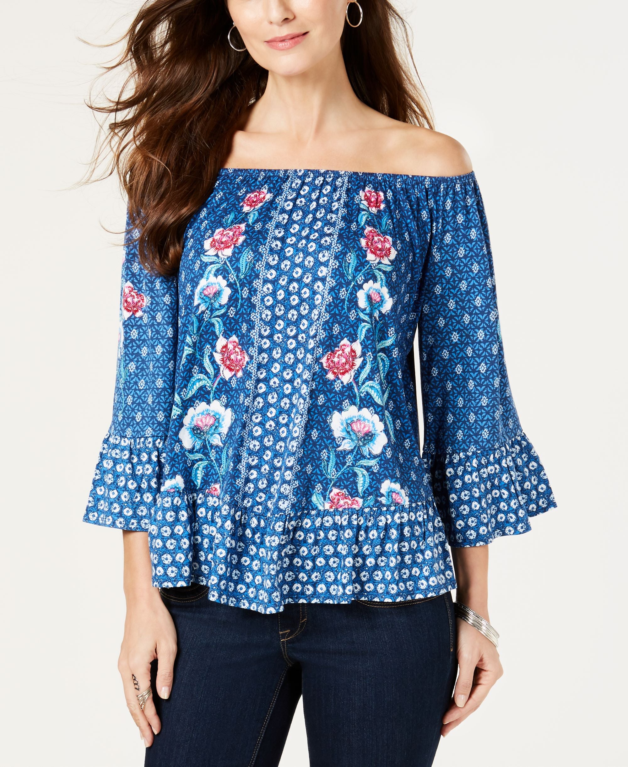 Style & Co Petite Floral Print Off The Shoulder Top