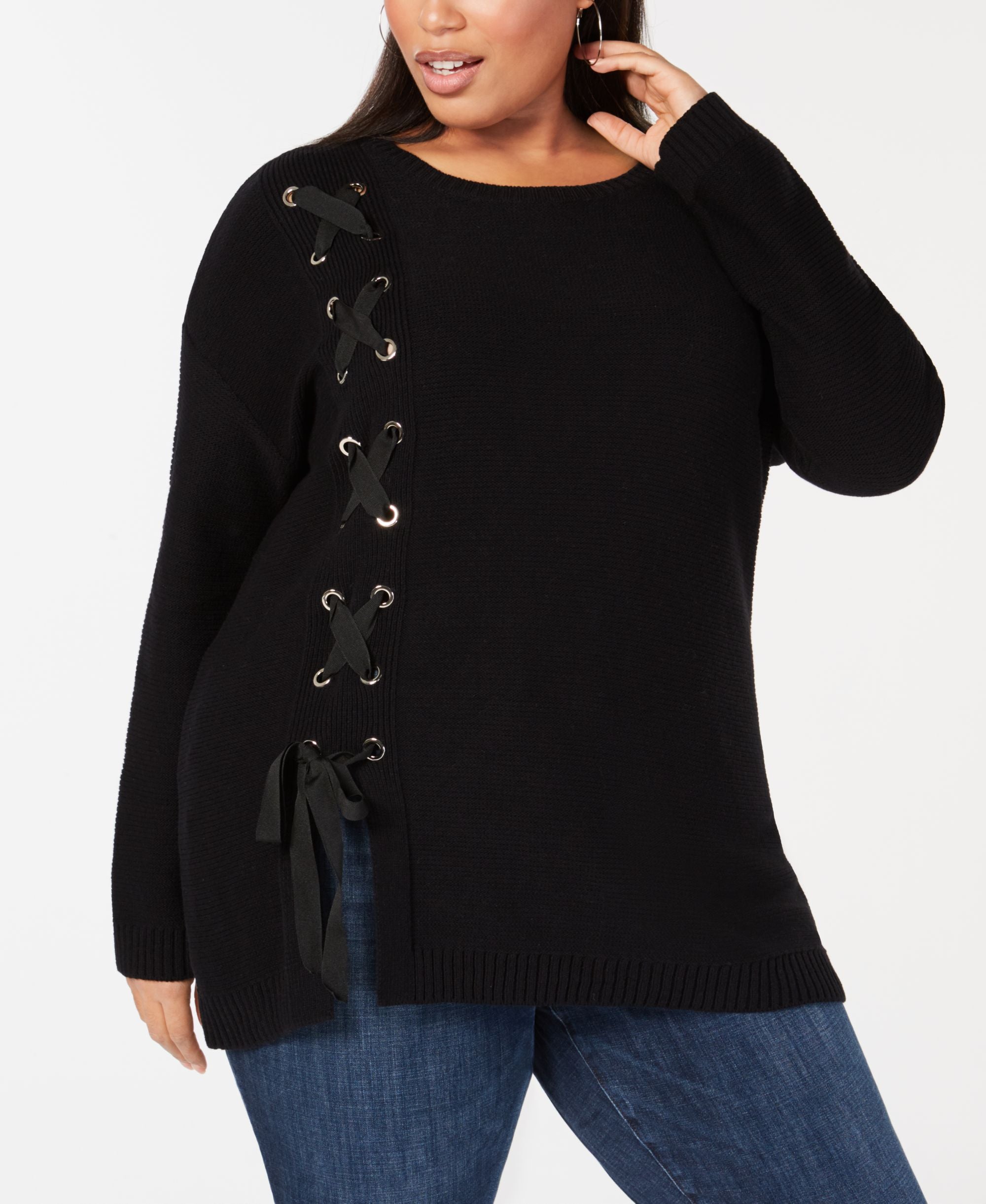 Plus Size Side Lace Up Tunic Sweater