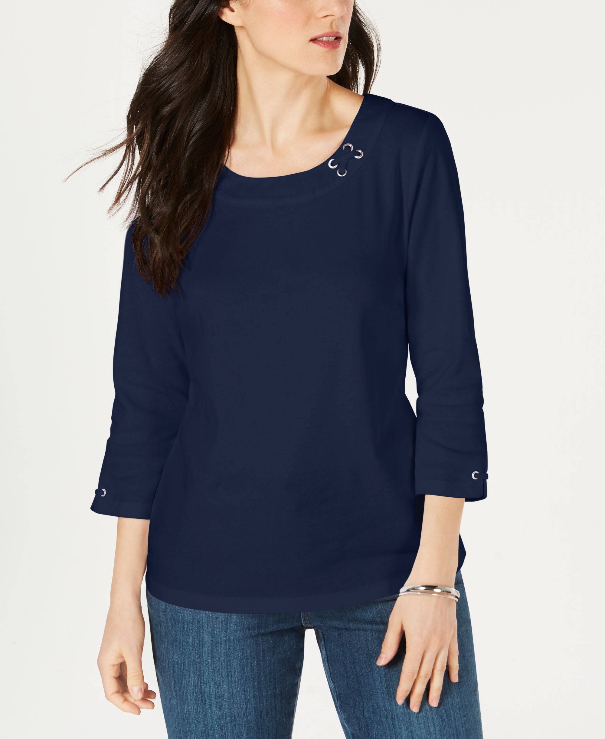 Karen Scott Cotton Grommet Lace Up Top