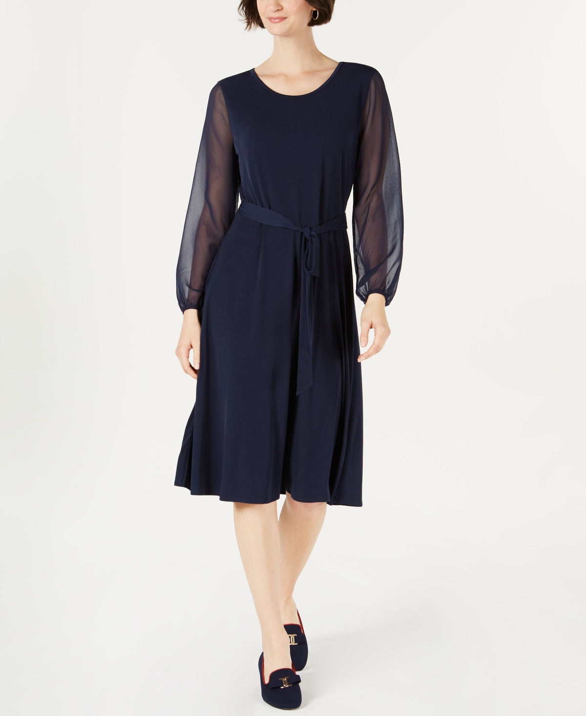 Sheer-Sleeve Midi Dress