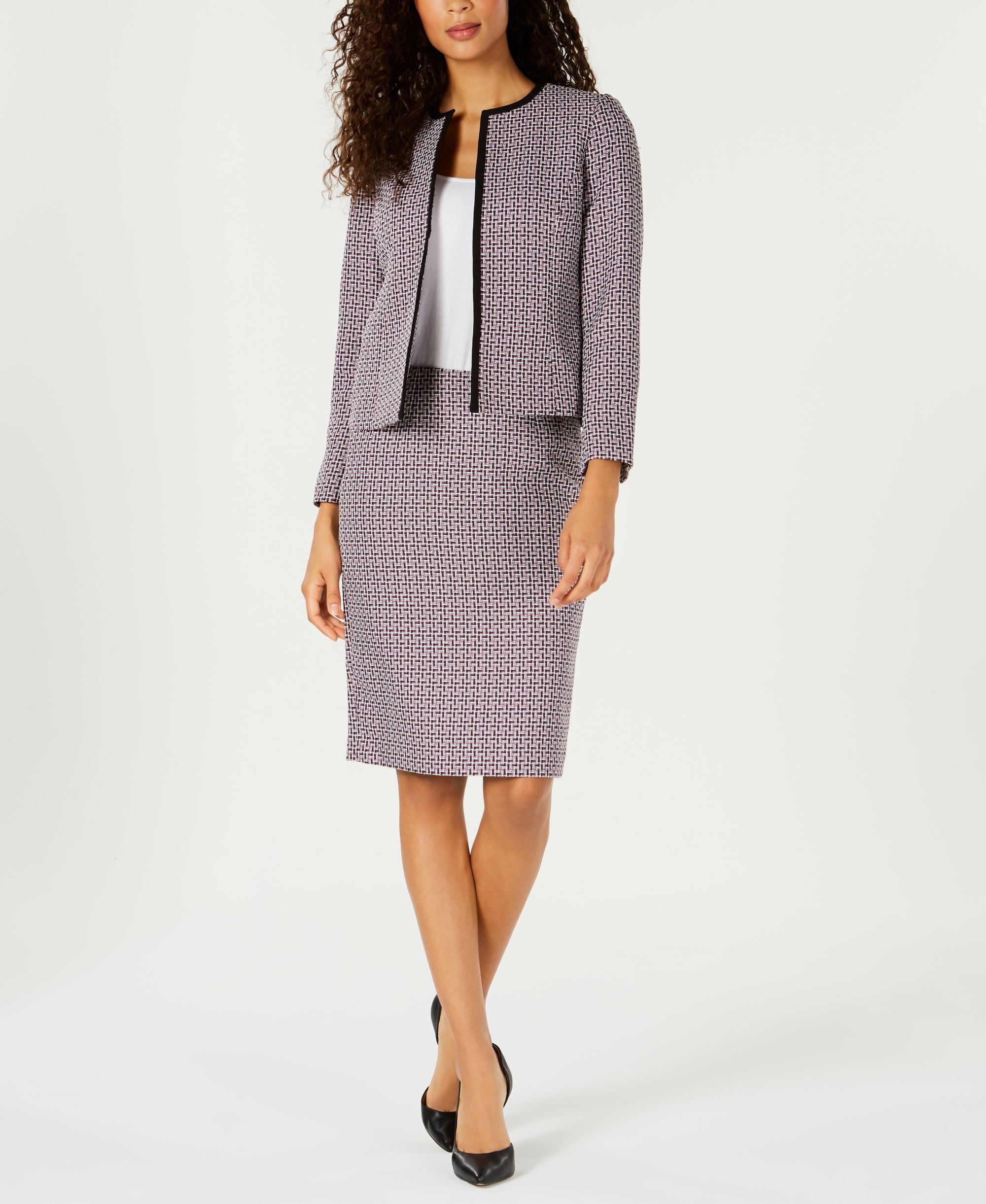 Le Suit Collarless Tweed Skirt Suit