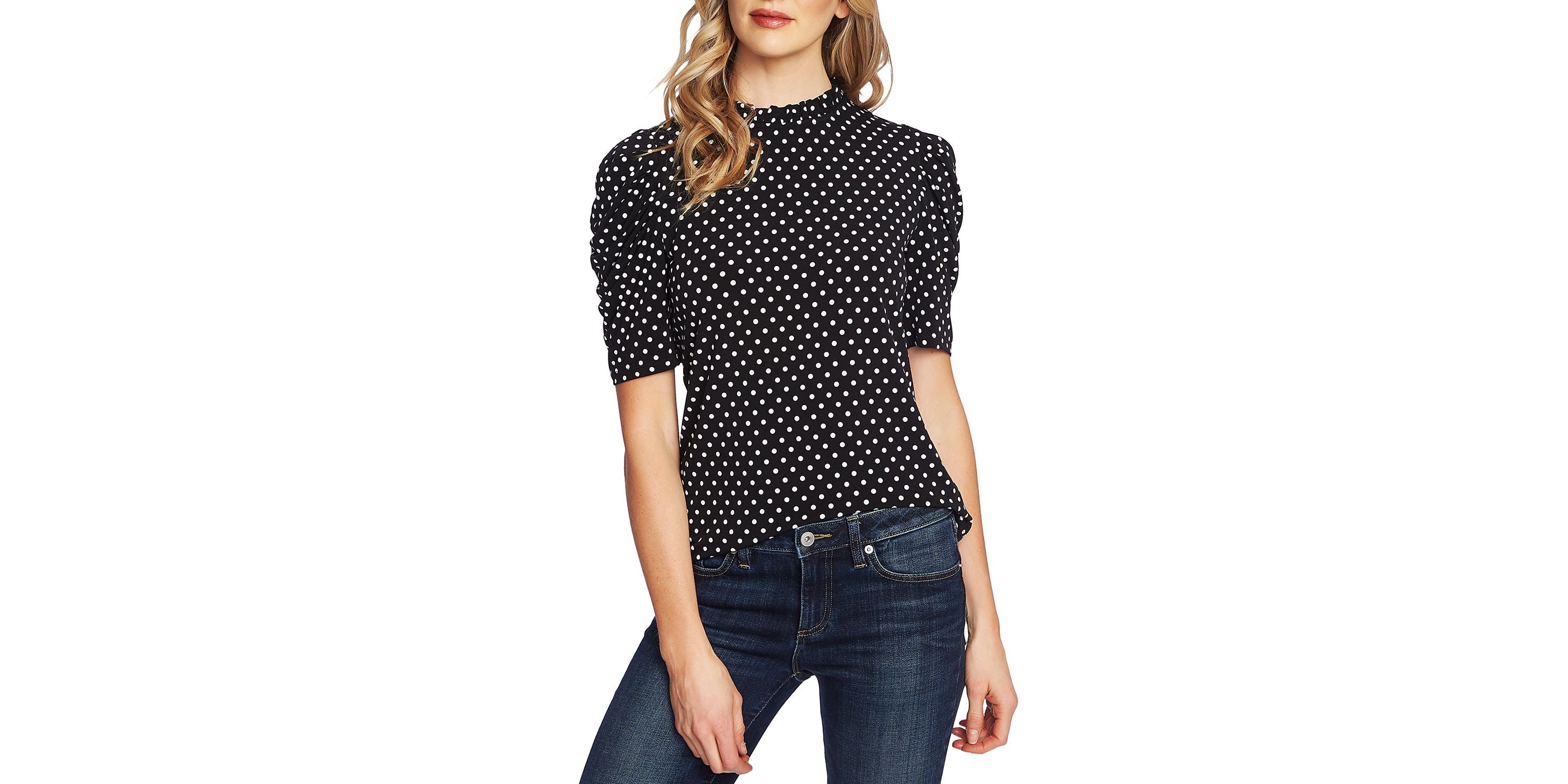 Women's Ruched Short Sleeve Polka-Dot Knit Top