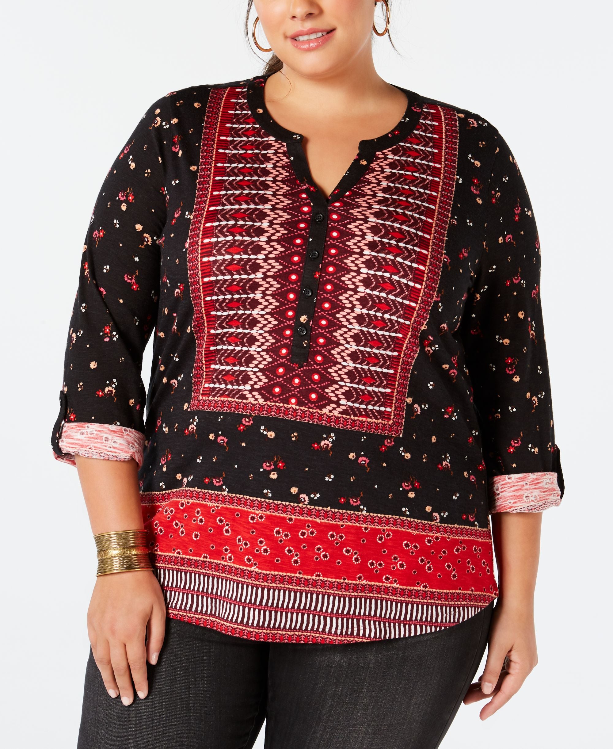 Plus Size Printed Roll-Tab Top