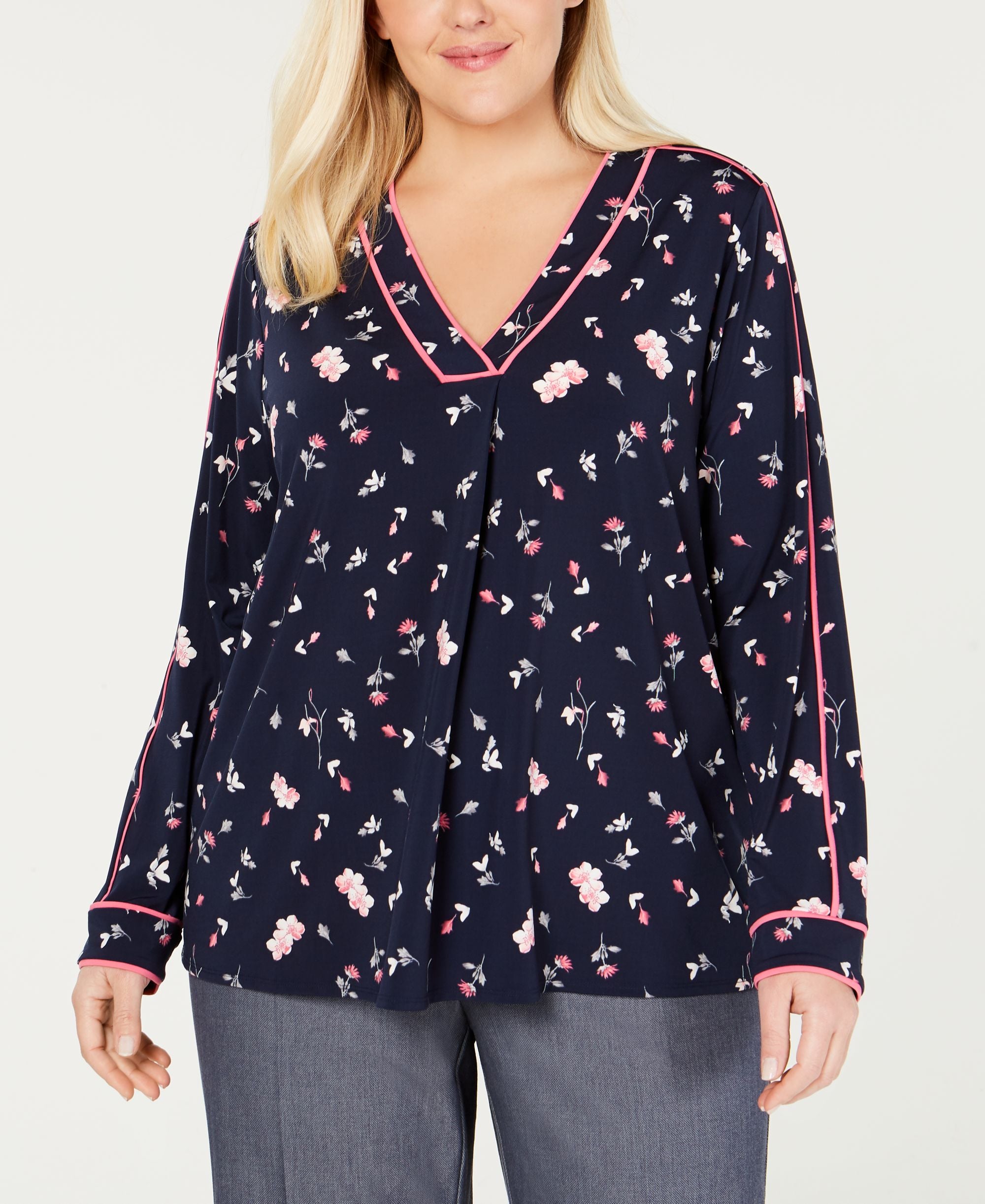 Charter Club Plus Size Floral Print V Neck Top