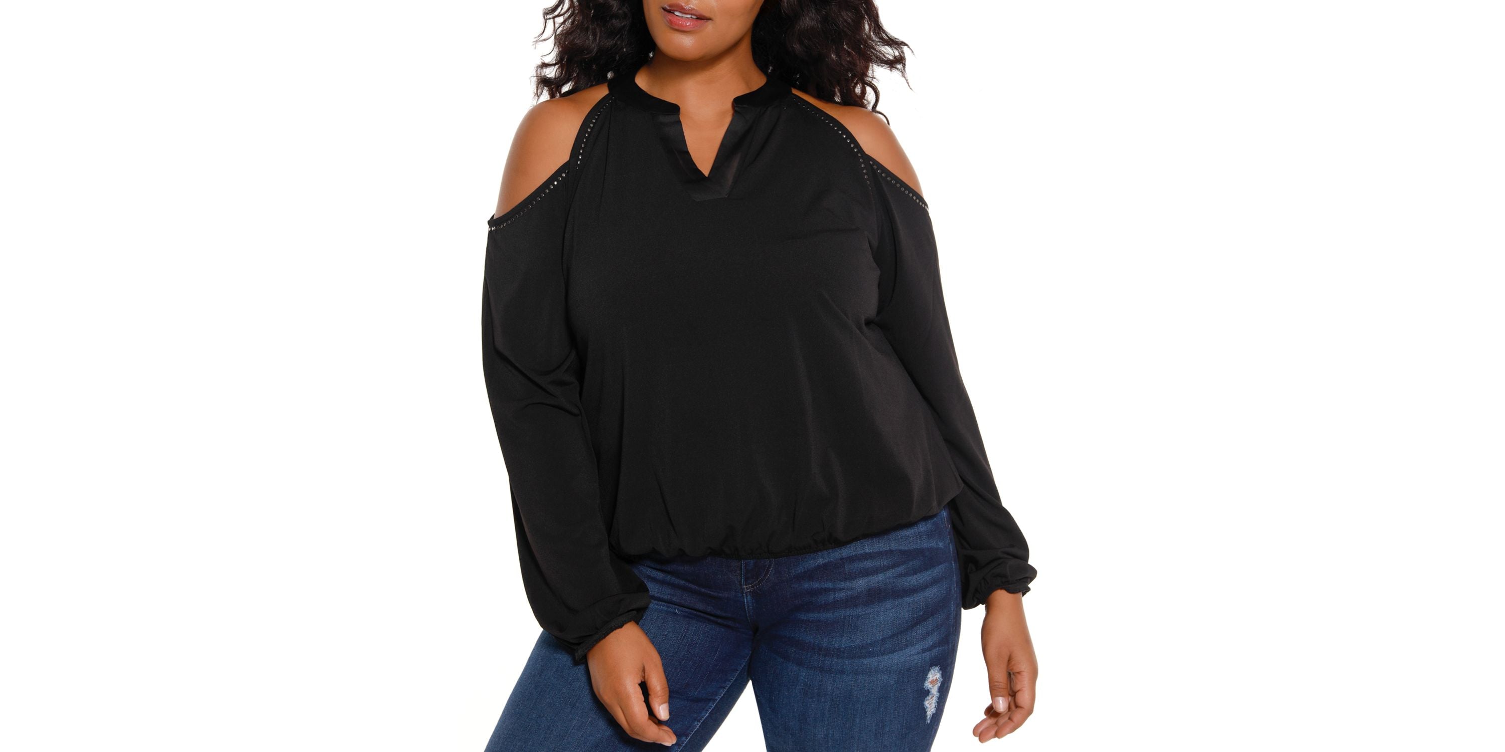 Black Label Plus Size Studded Cold Shoulder Top