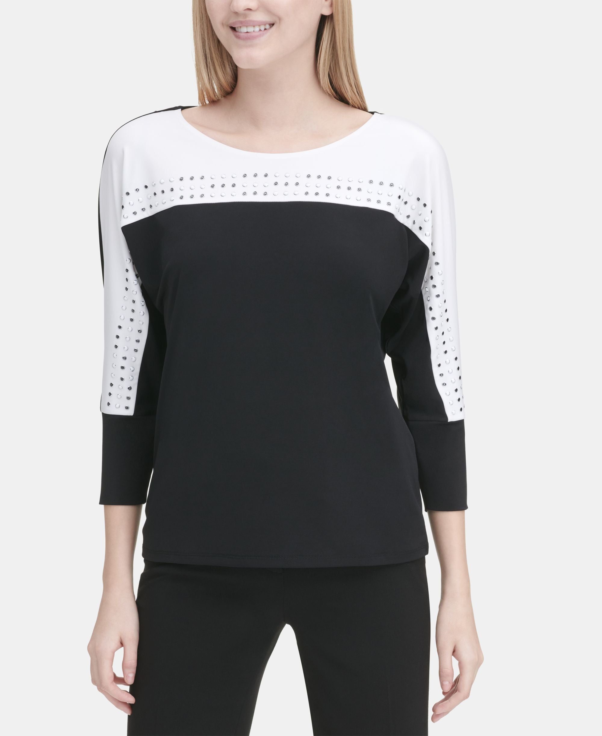 Calvin Klein Embellished Colorblocked 3/4 Sleeve Top
