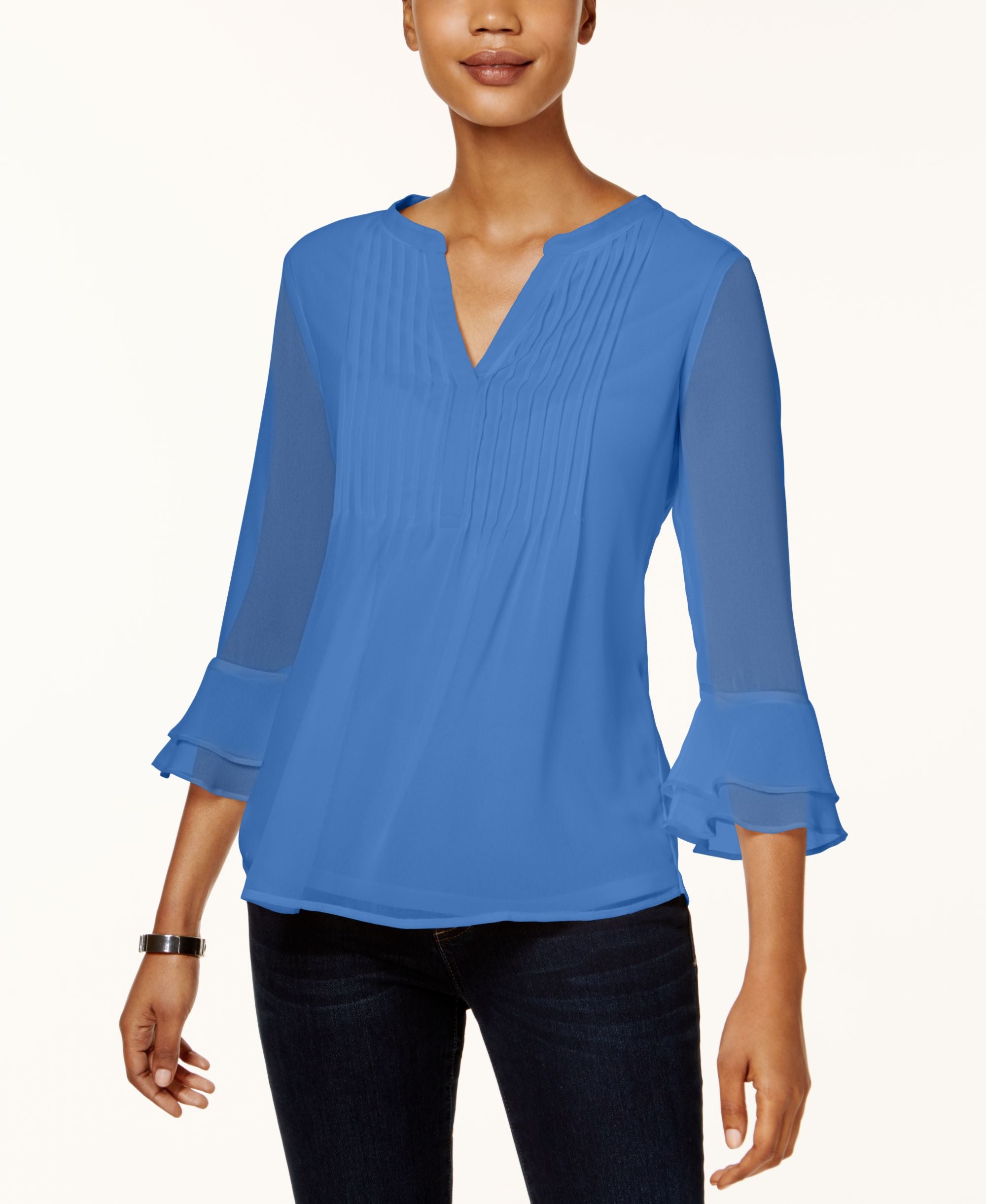 Charter Club Petite Double Ruffle Solid Pintuck Top Cerulean Sky PXL