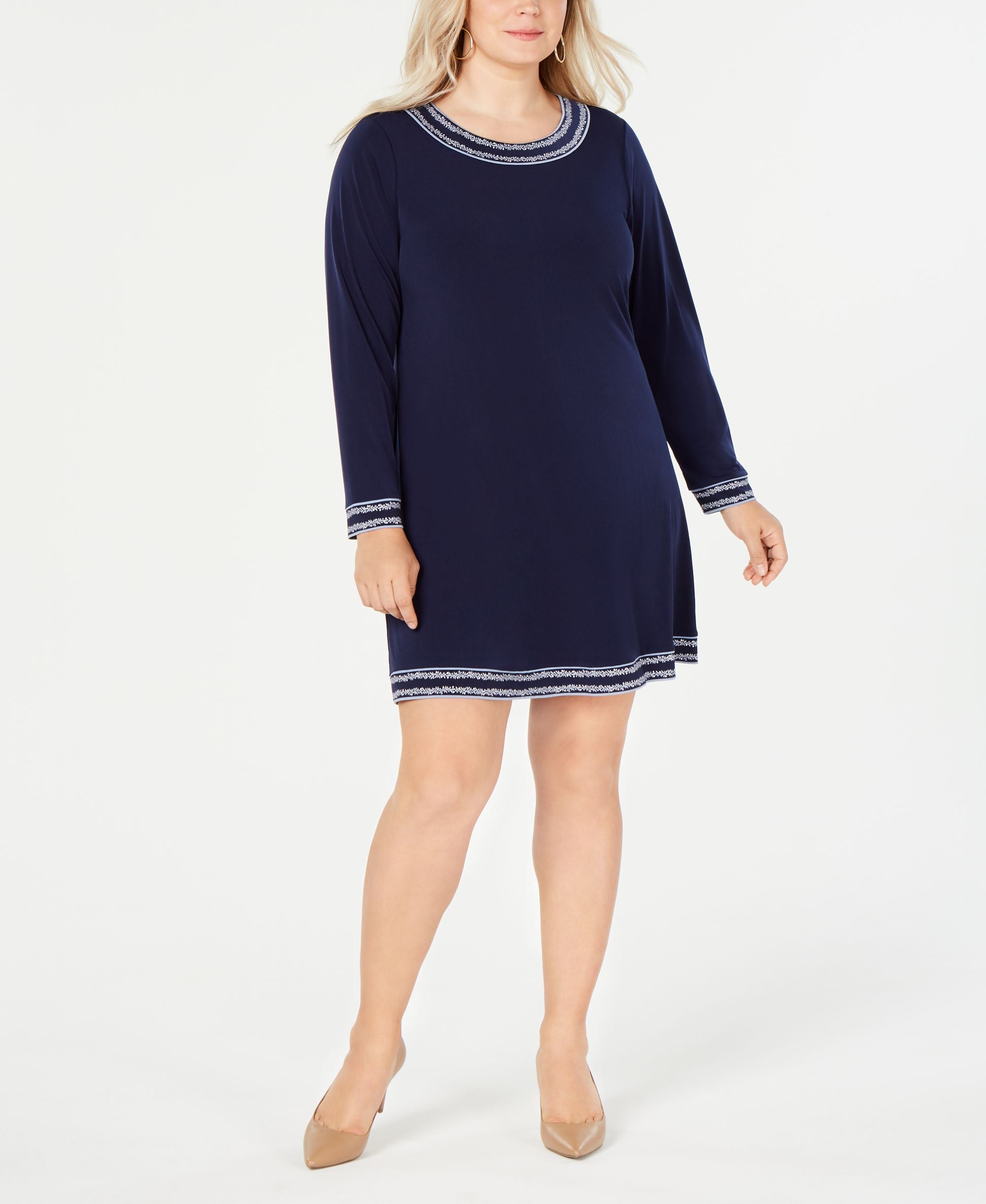 Michael Michael Kors Plus Size Long-Sleeve Border Dress True Navy 0X