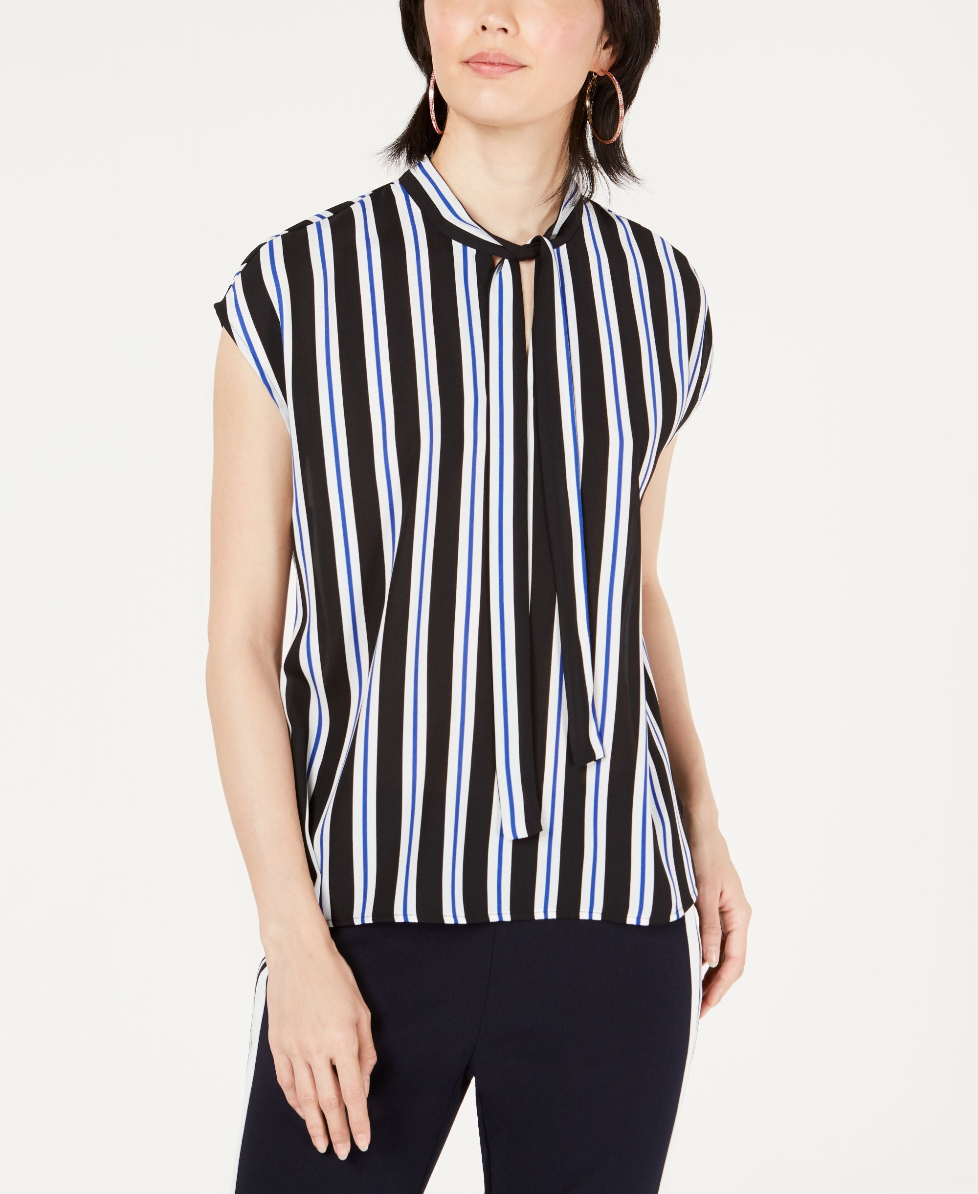 Bar III Striped Tie Neck Top