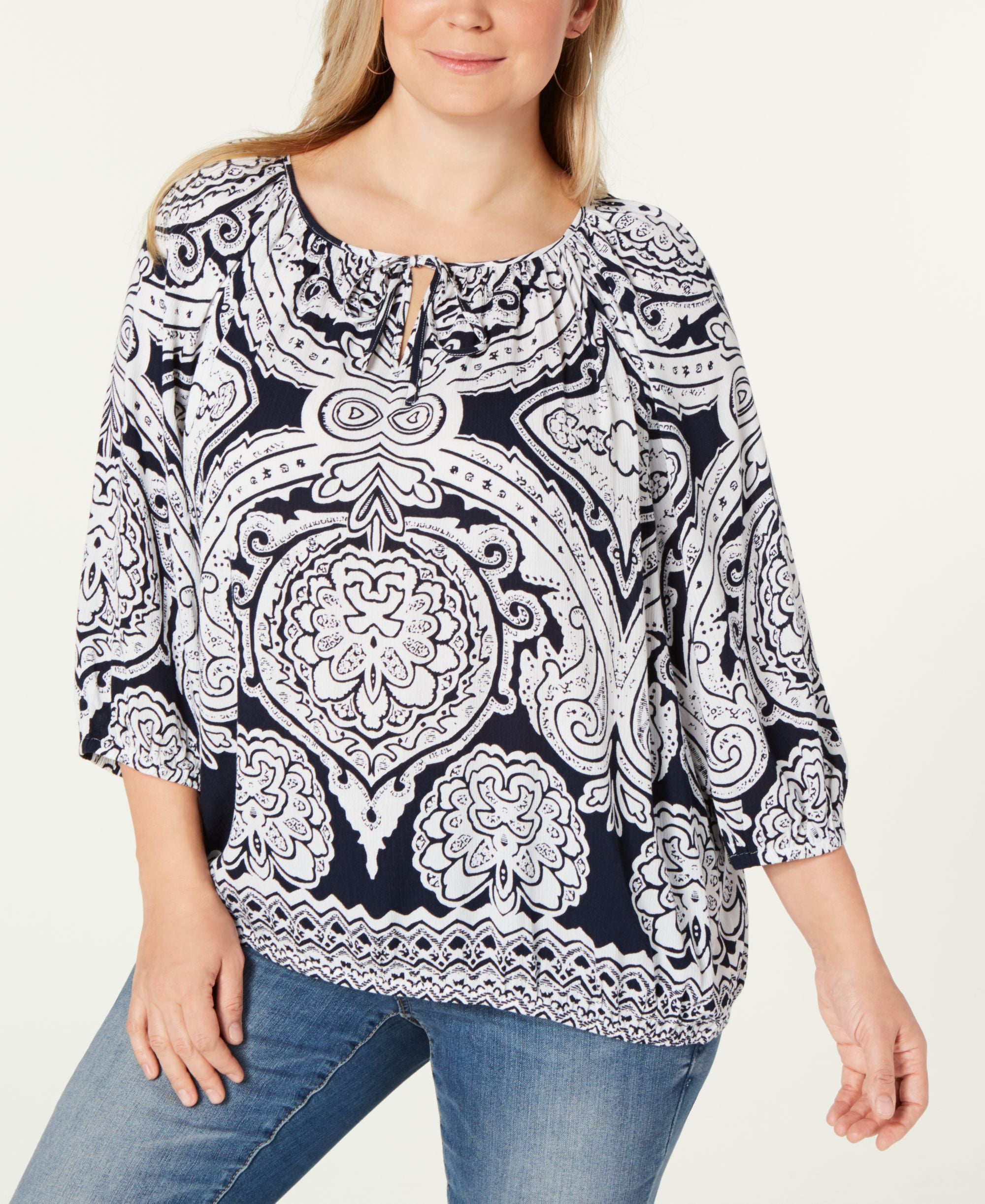 Plus Size Printed Keyhole Detail Top