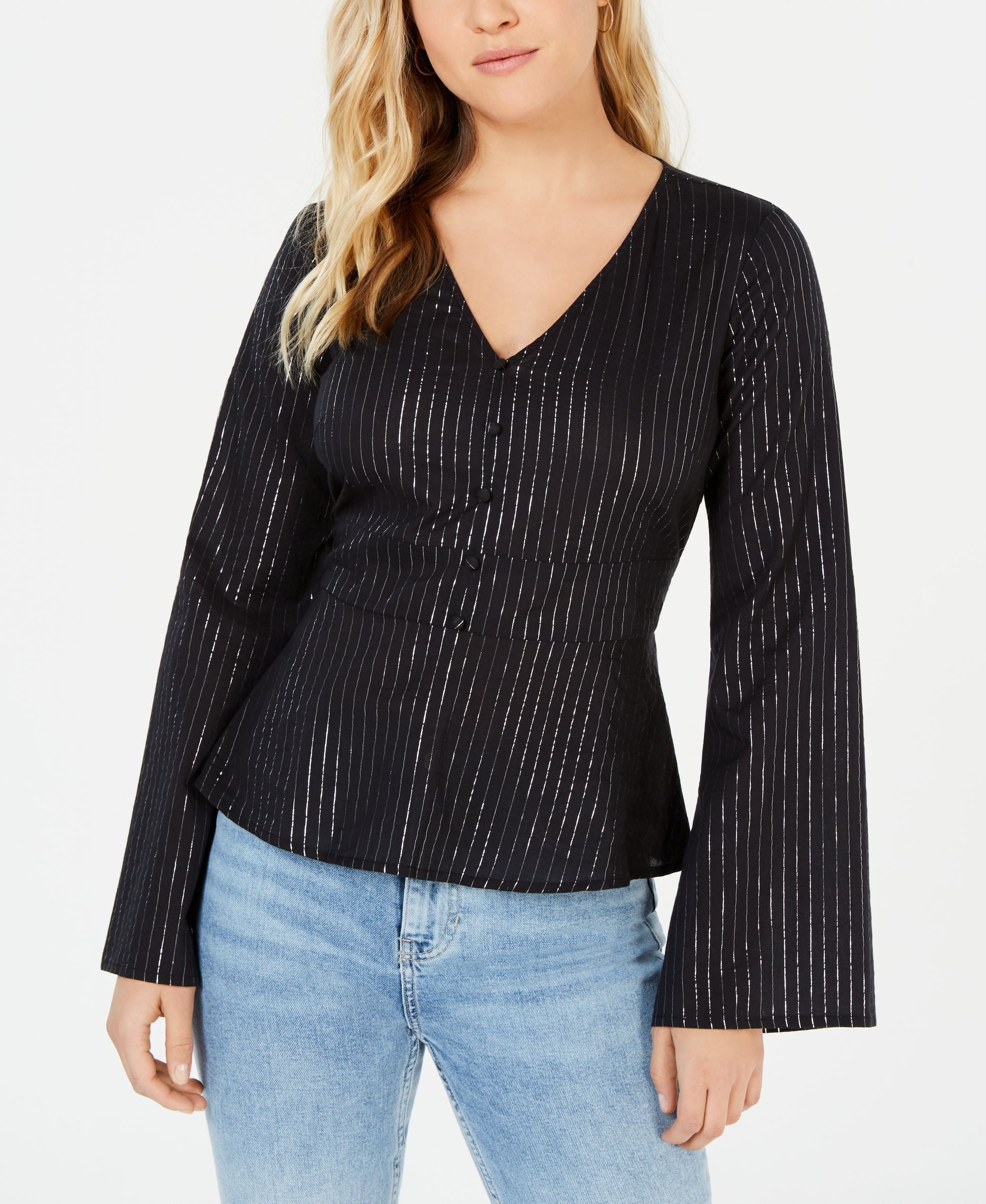 Love Fire Juniors Metallic Stripe Bell Sleeve Top