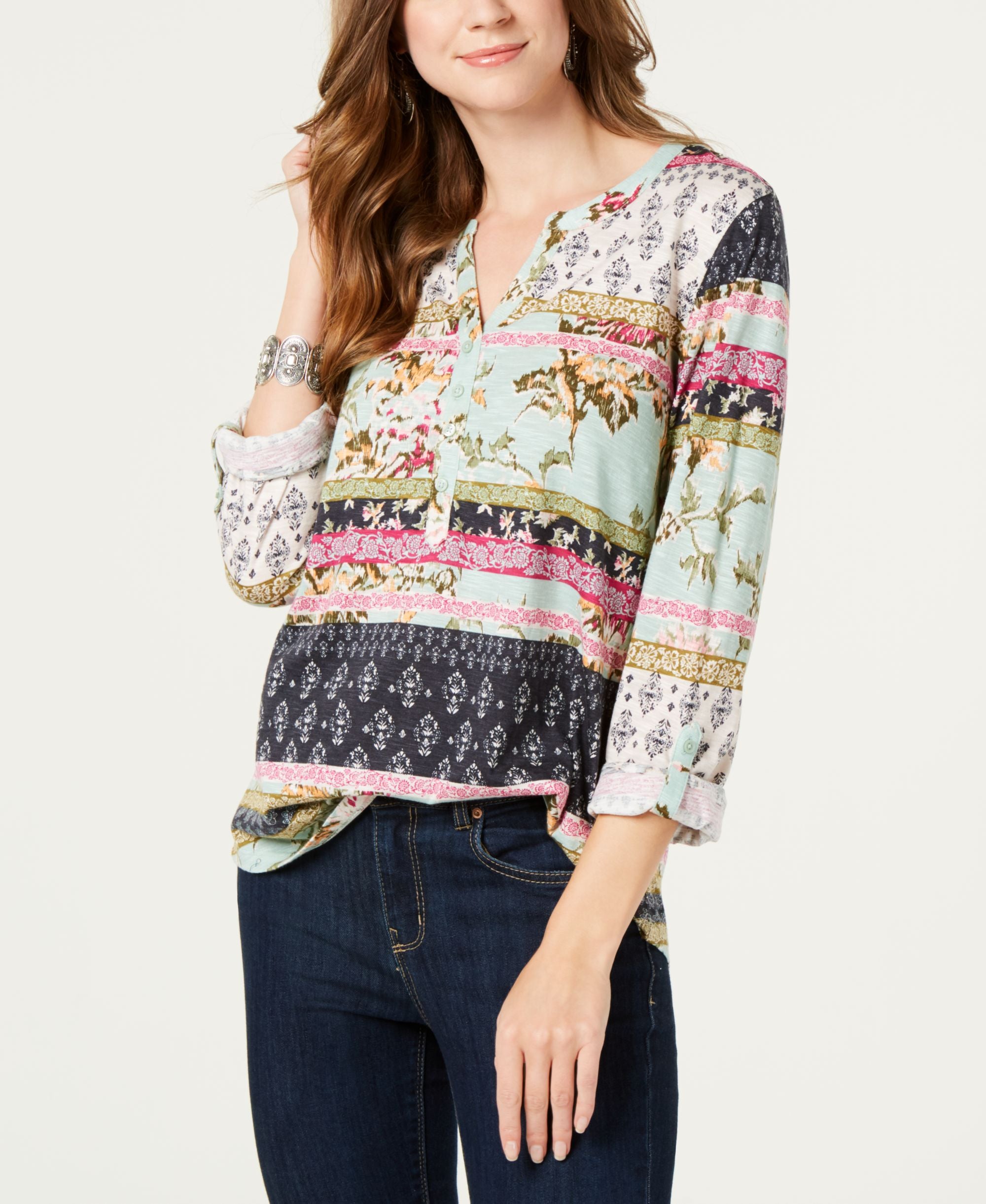Style & Co Collage Print Roll Tab Top