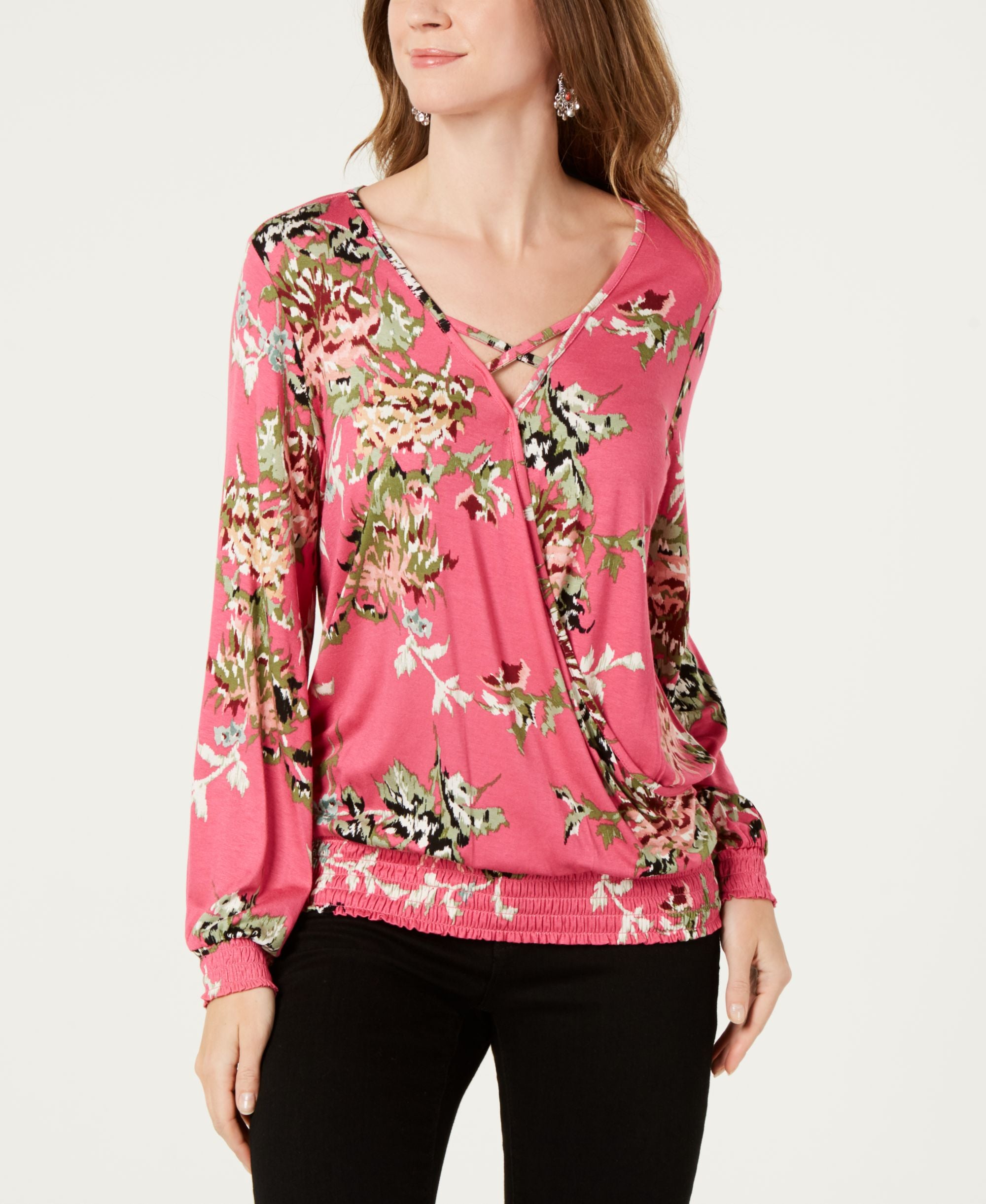 Printed-Stripe Smocked Surplice Top