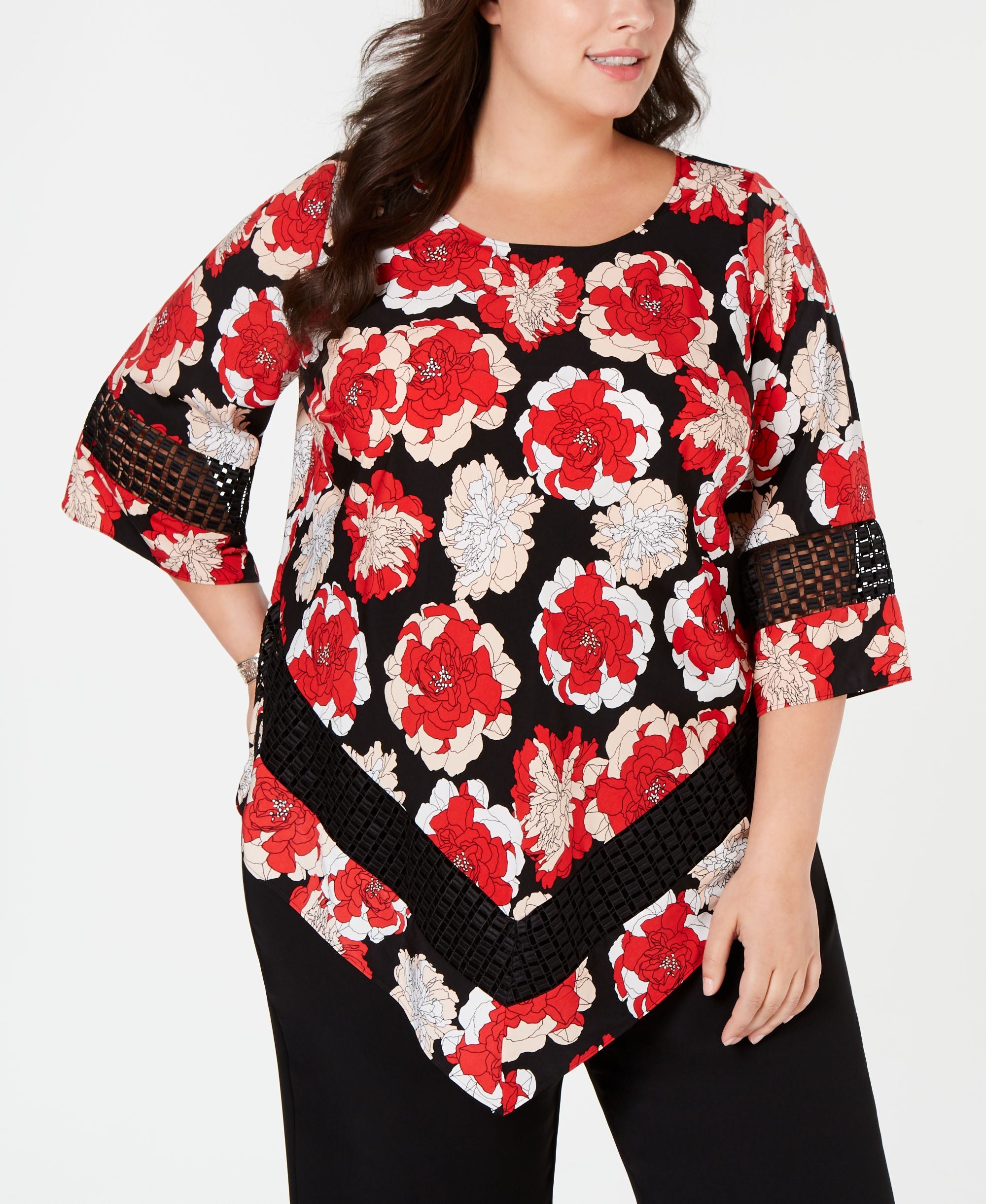 Plus Size Printed Crochet-Trim V-Bottom Blouse