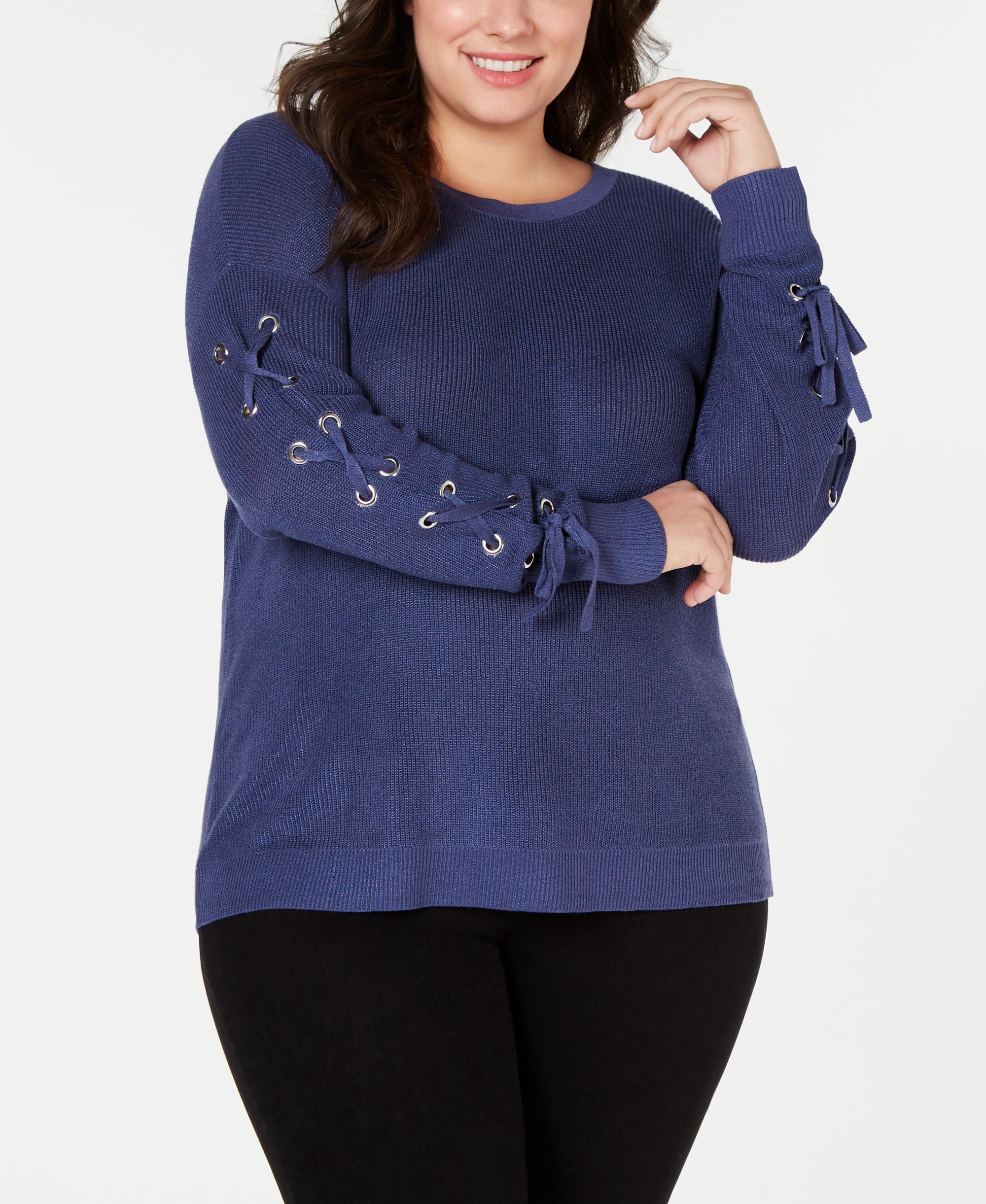 Plus Size Grommet Sleeve Lace Up Sweater