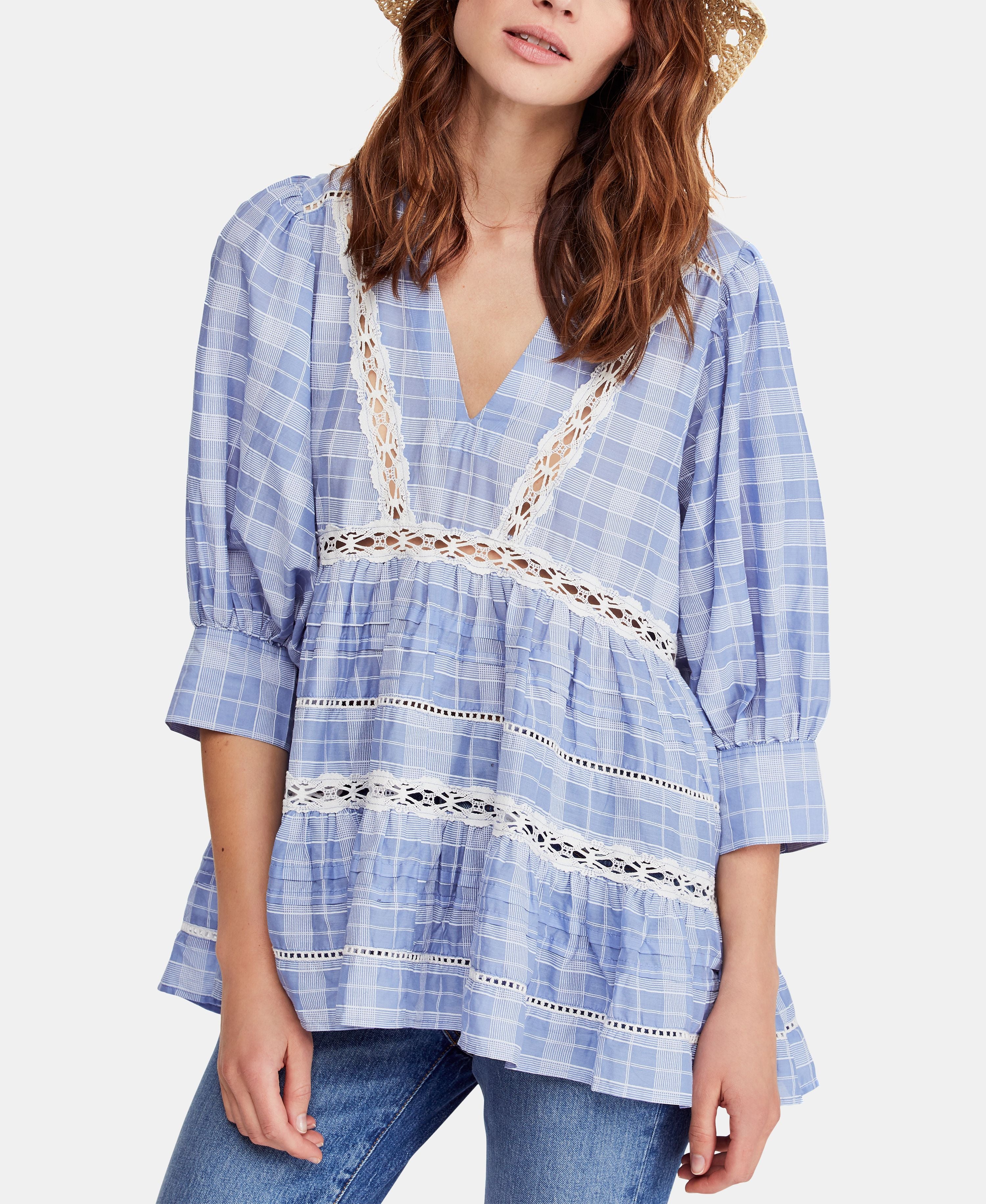 Free People Womens Time Out Plaid Lace Trim Tunic Blue Navy Combo  M