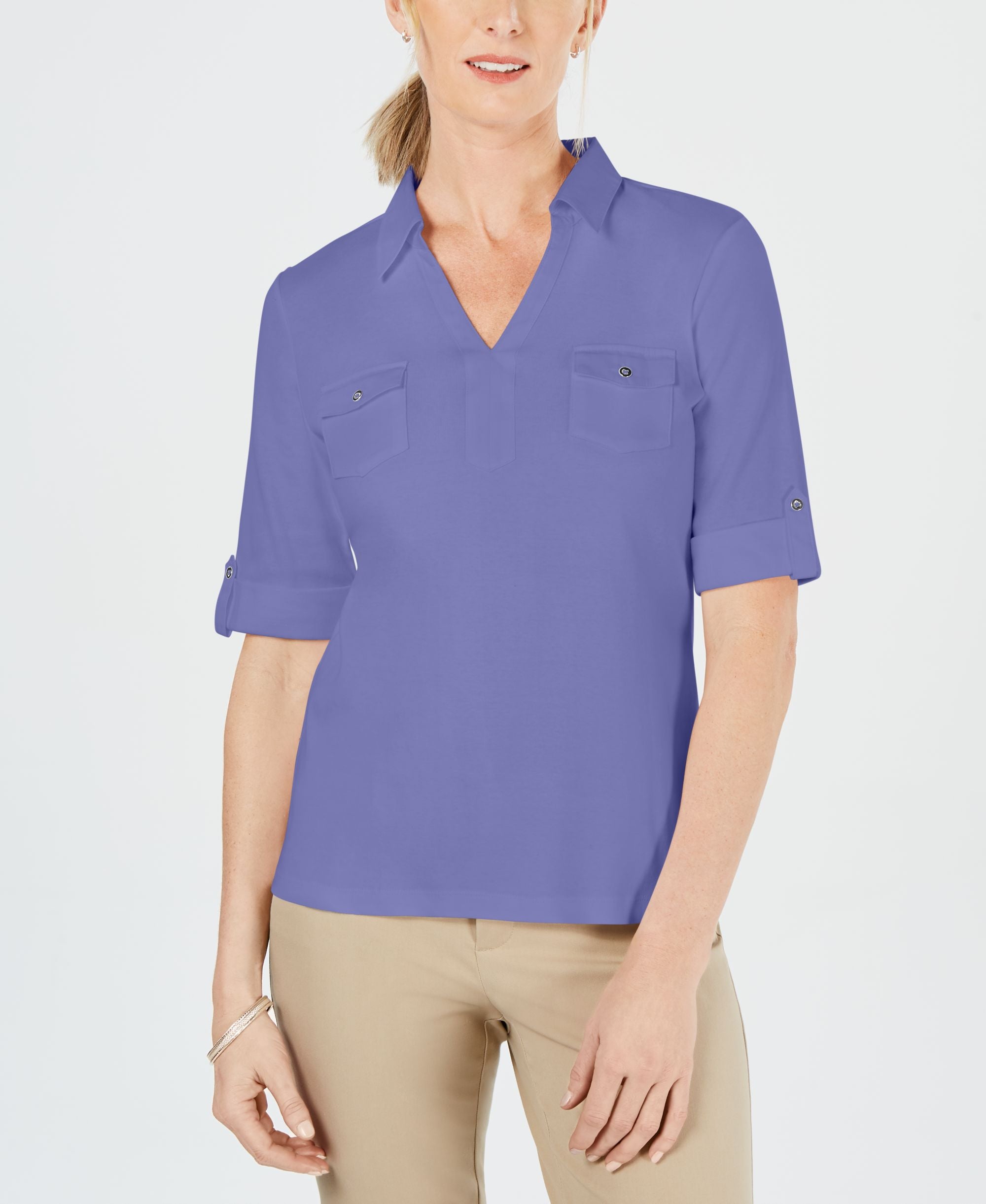 Cotton Cuffed Elbow-Sleeve Top