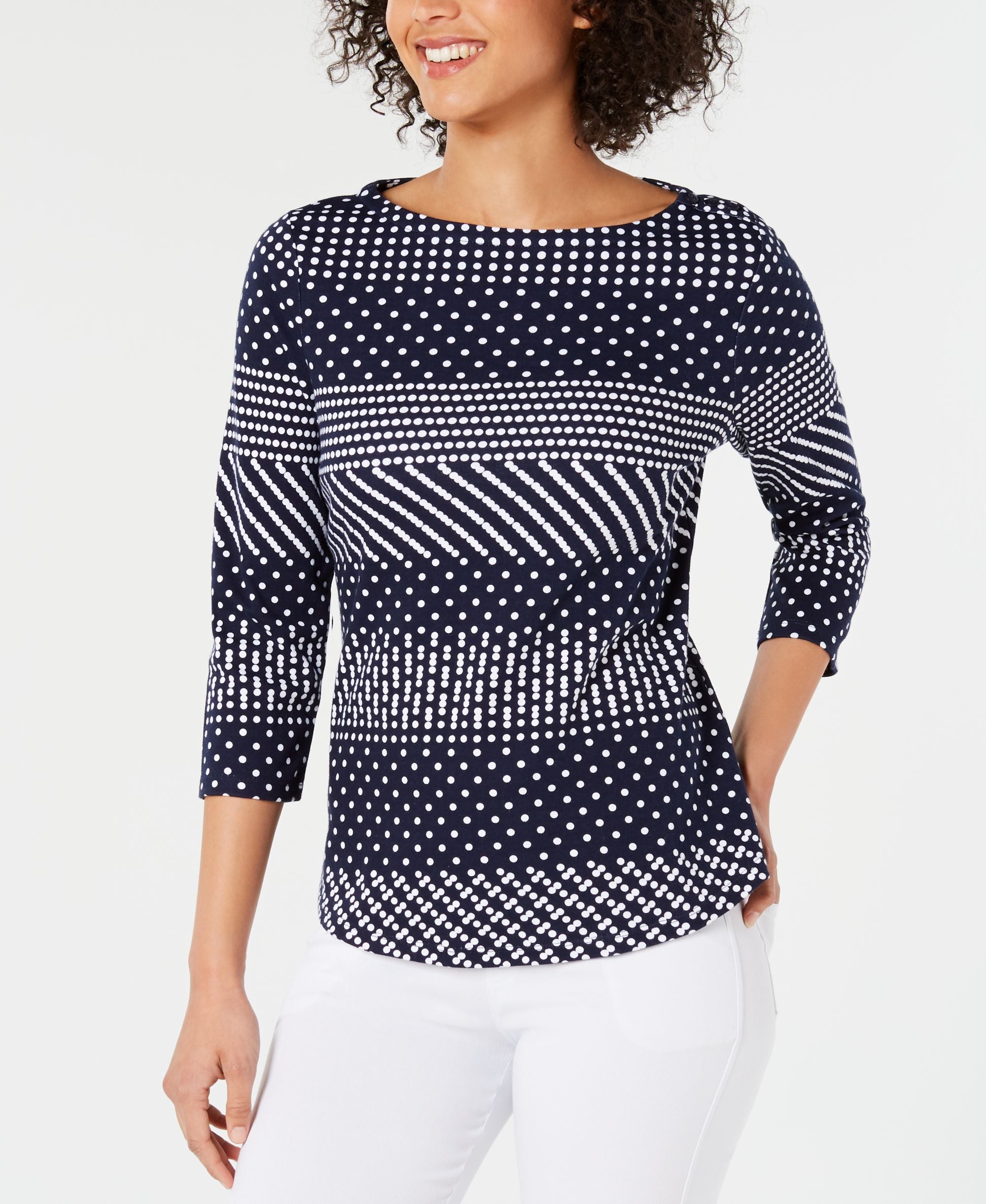 Charter Club Petite Pima Cotton Button Shoulder Mixed Print Top