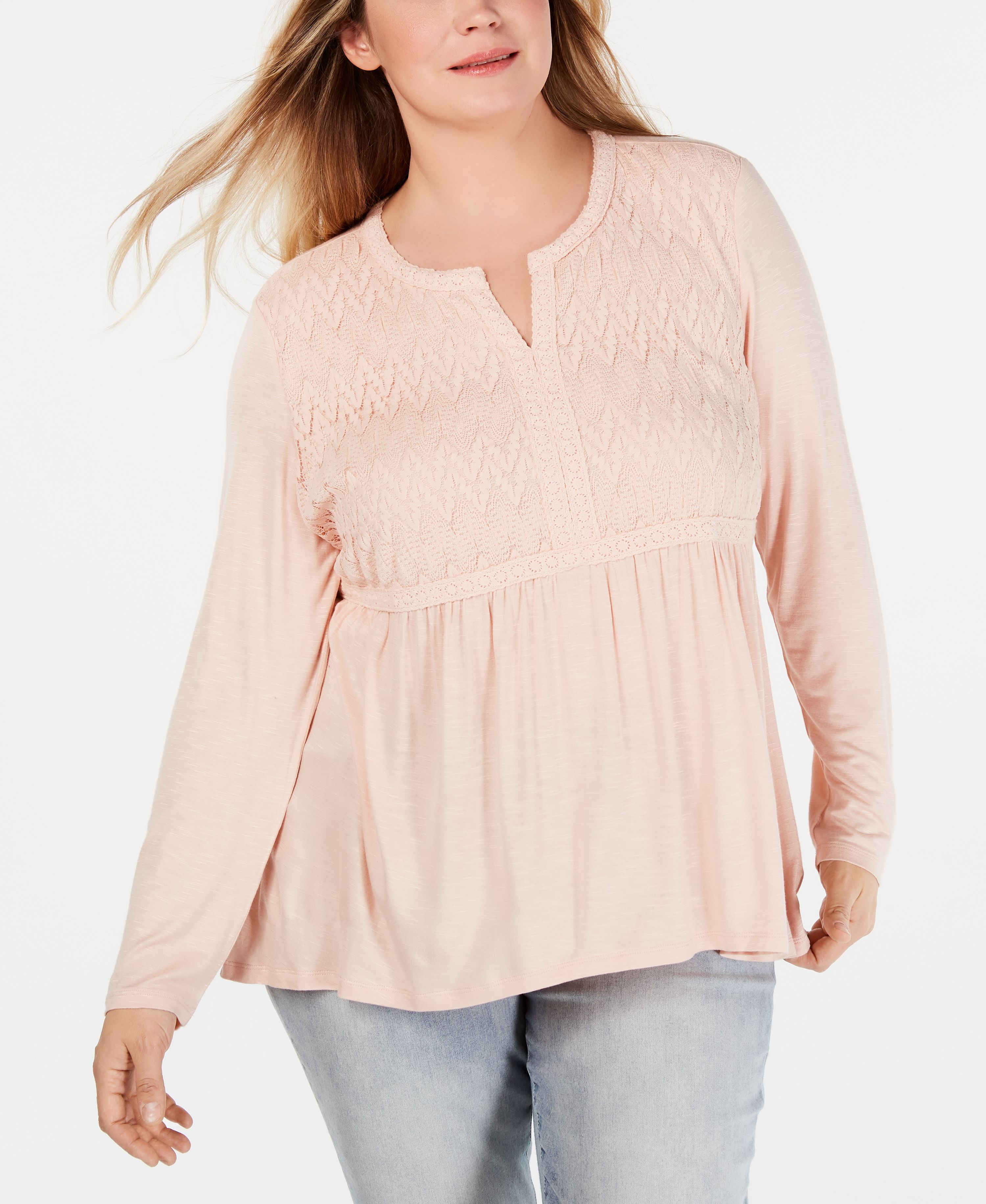 Style & Co. Womens Plus Casual V Neck  Top Crushed Petal 2X