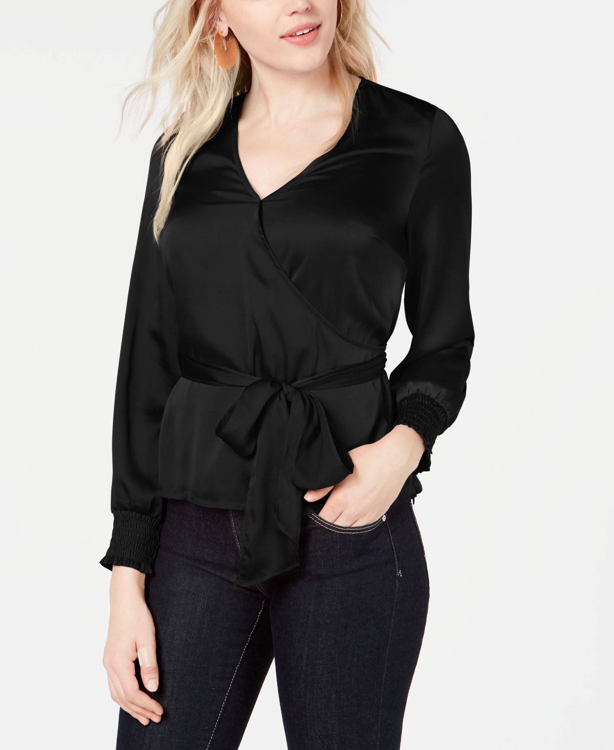 Bar III Smocked Surplice Wrap Blouse