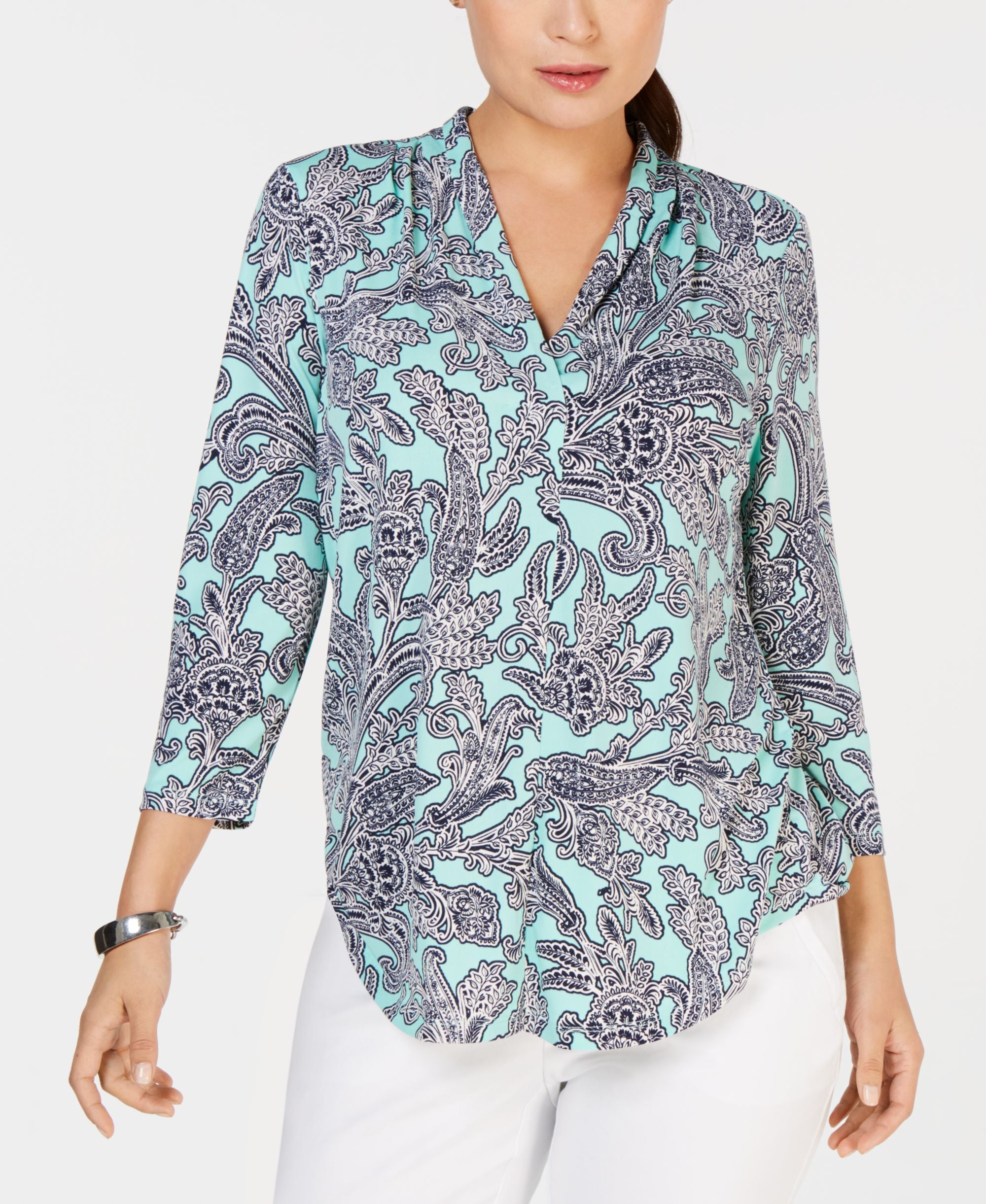 Charter Club Pleated V Neck Paisley Knit Shirt