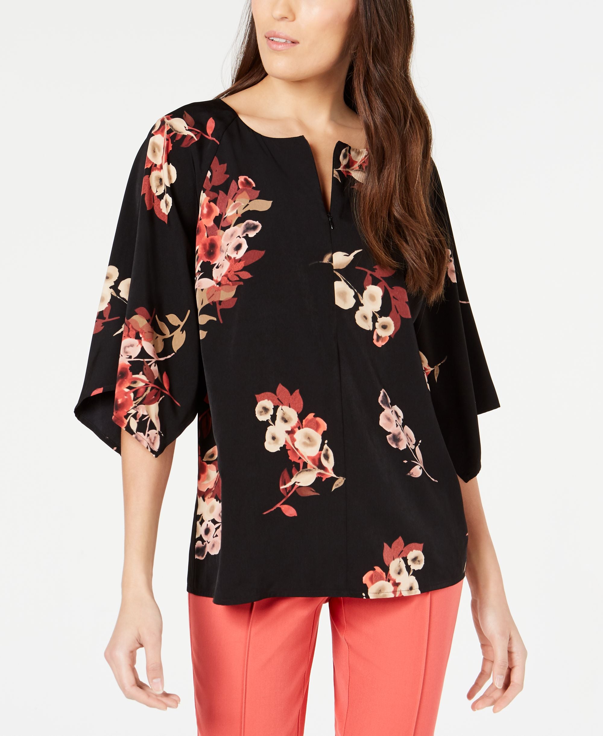 Alfani Petite Printed Zip Front Top
