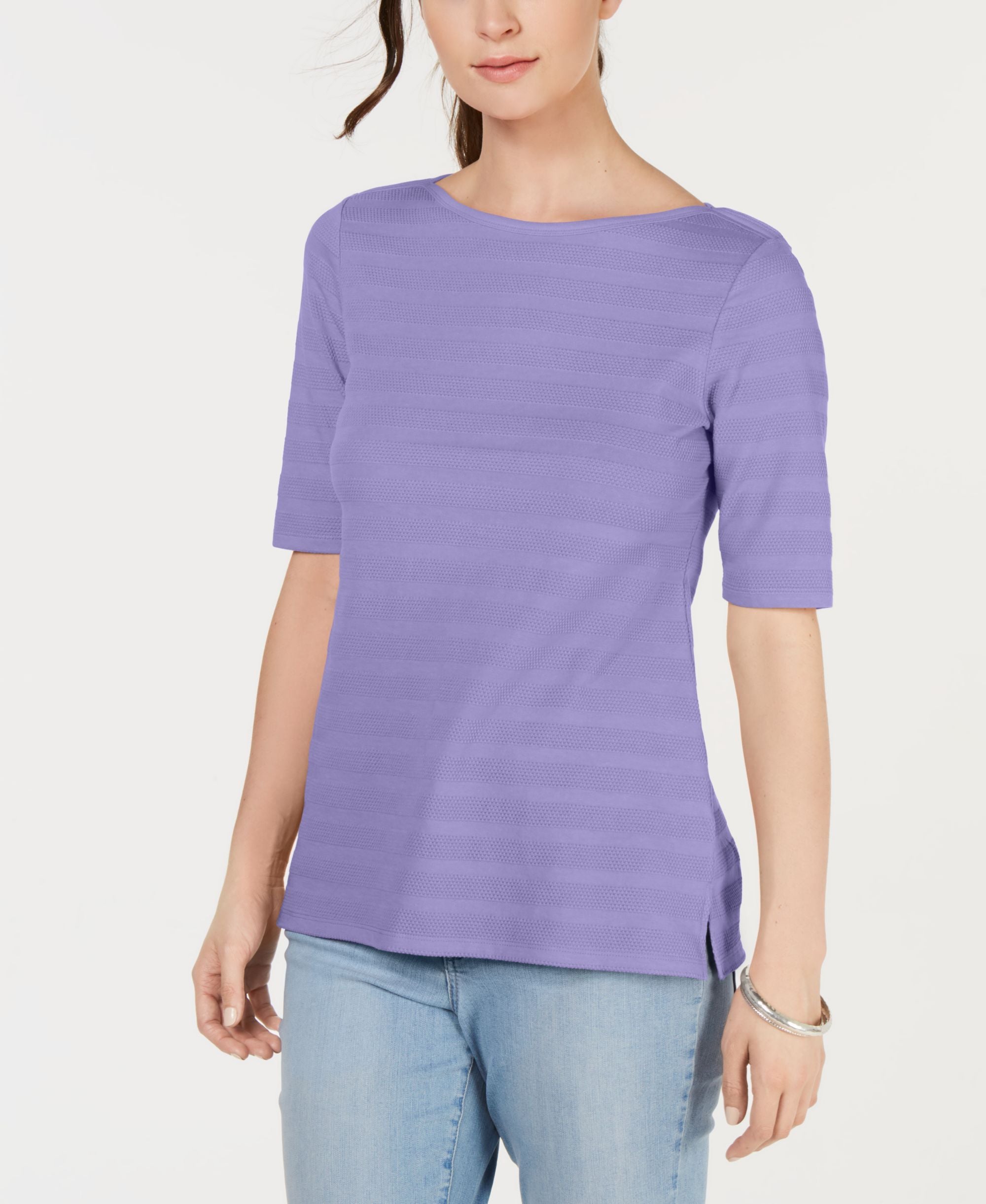 Charter Club Cotton Texture Striped Elbow Sleeve Top